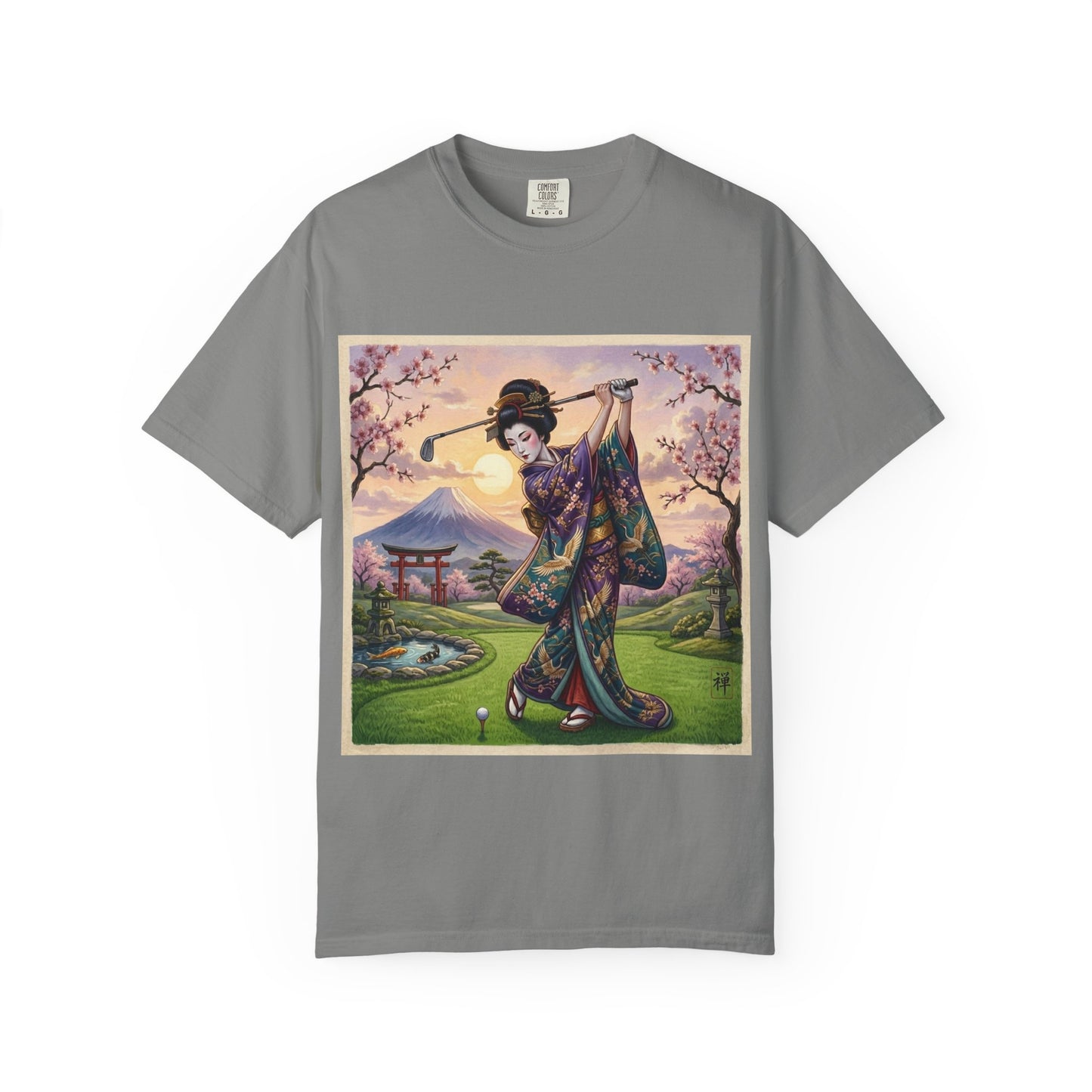 Zen Spot Customized Comfort Colors Geisha Golfing Sunset T-Shirt — Vintage Japanese Kimono Art Tee