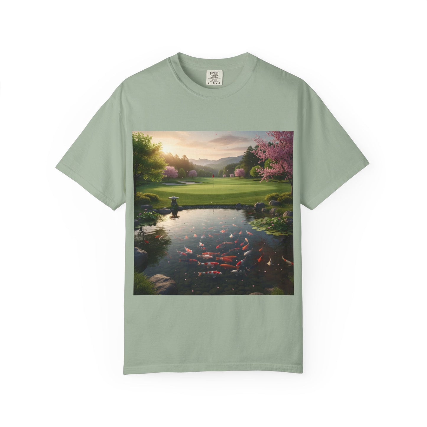 Zen Spot Golf Custom Zen Koi Pond Golf Course Sunset Graphic T-Shirt