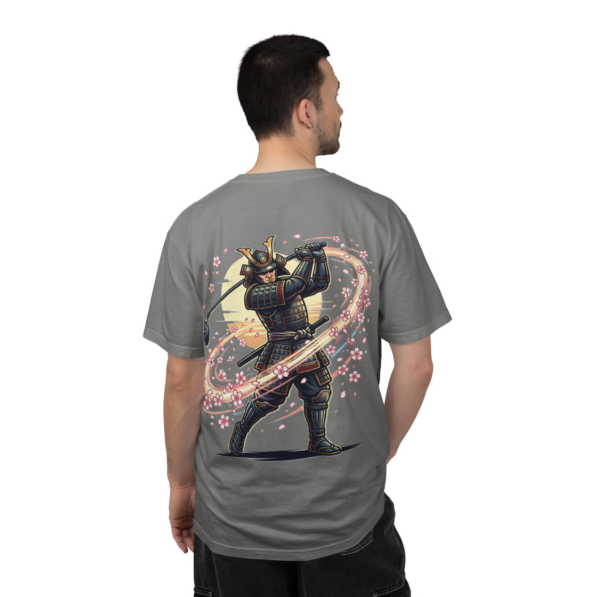 Samurai Golf T-Shirt — Warrior Golfer with Cherry Blossom Swirl