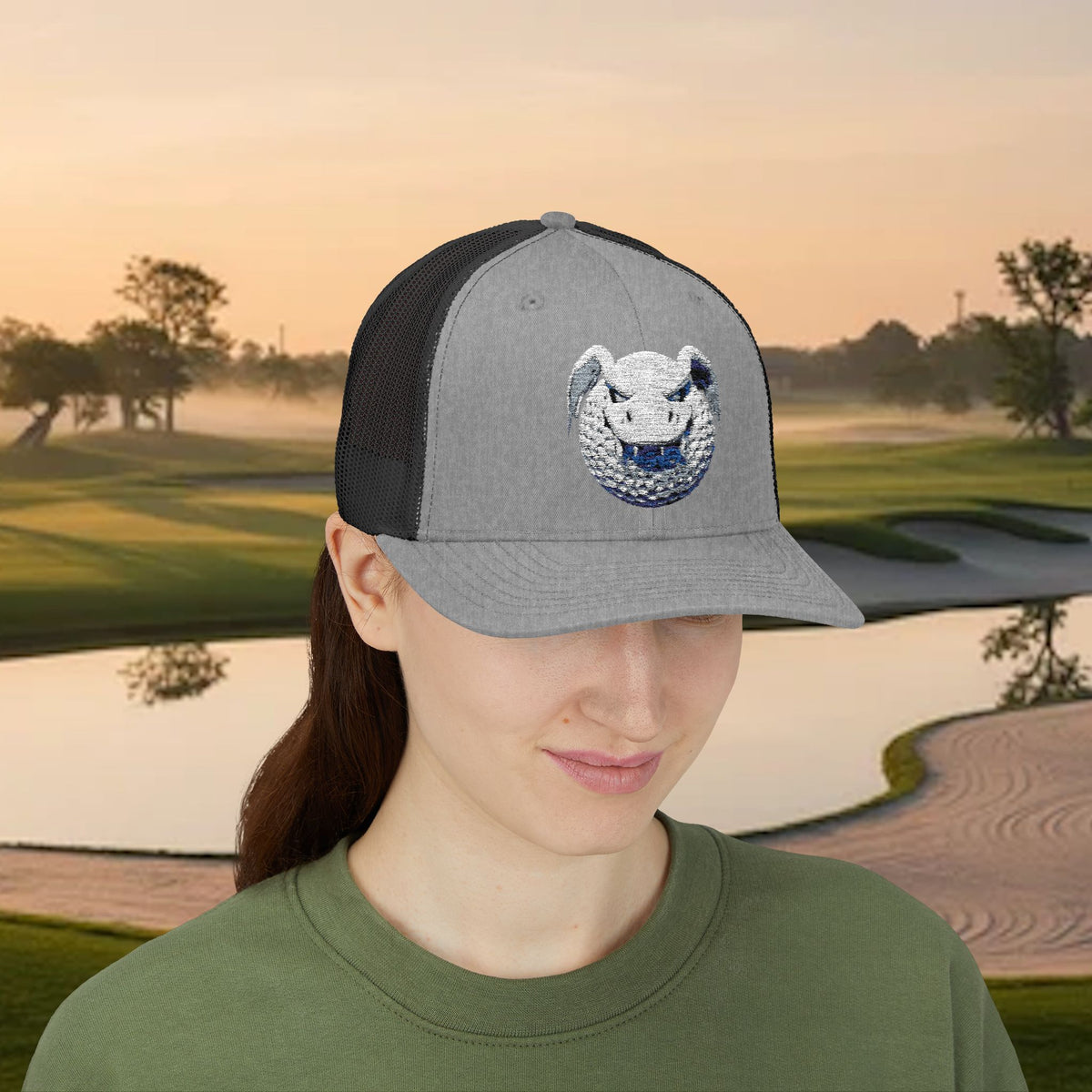 Embroidered White Stitched "Dragon Golf Ball" Trucker Cap