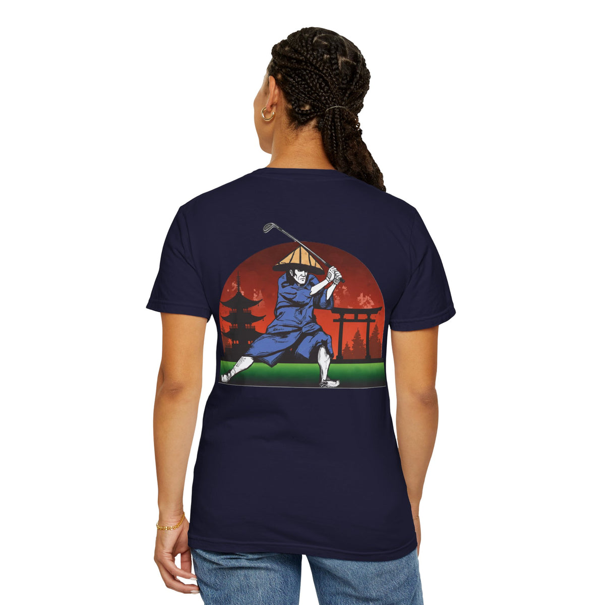 Japanese Sunset Samurai Golfer Chest and Back Graphic T-Shirt