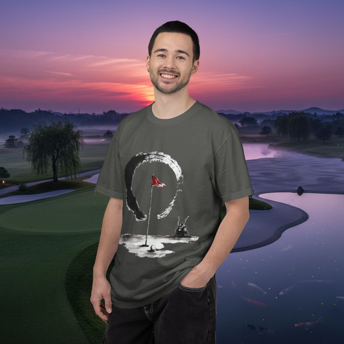 Zen Golf T-Shirt — Minimalist Golf Flag & Enso Brushstroke Design