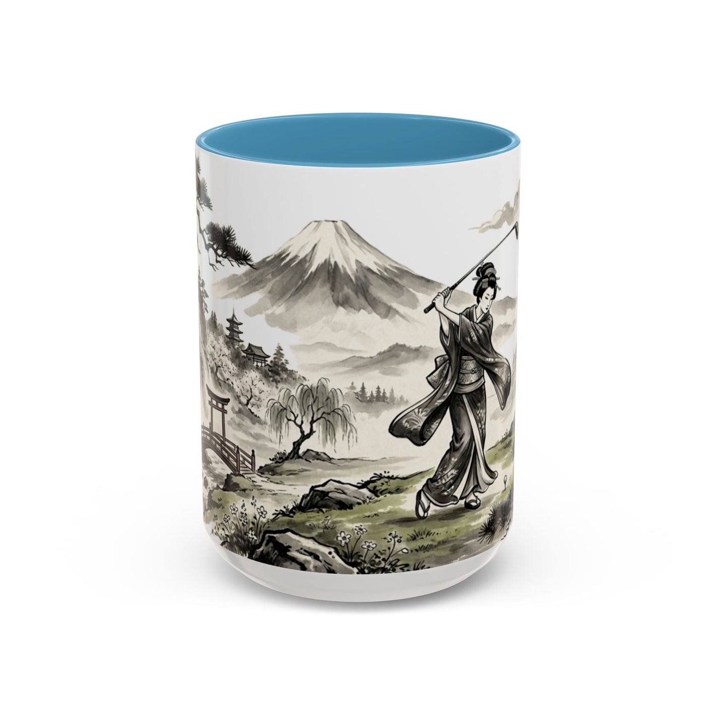 Zen Spot Golf Custom Japanese Golf Scene Accent Coffee Mug Ukiyo-e Style Golfing Geisha (11/15oz)