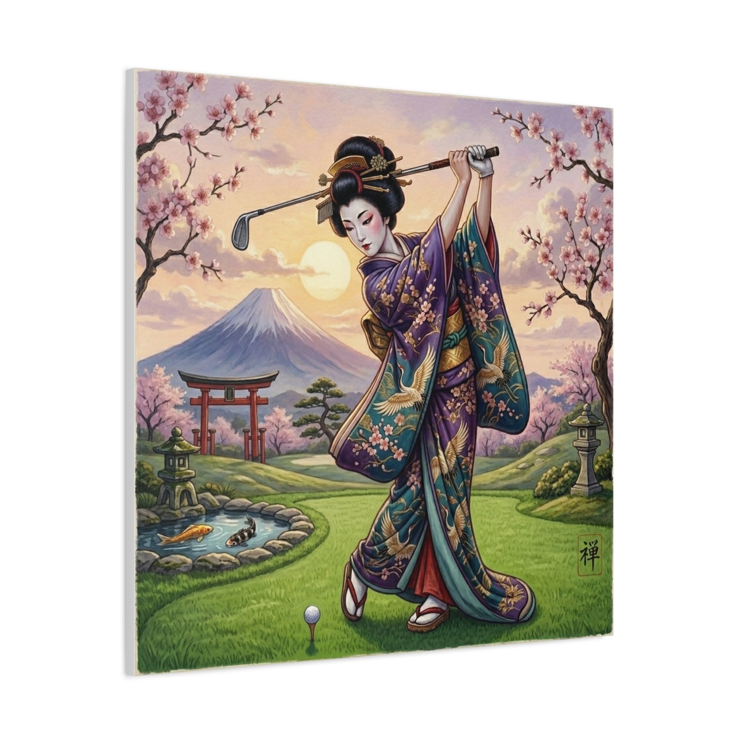 Geisha Golfer Canvas Print — Japanese Cherry Blossom Golf Art