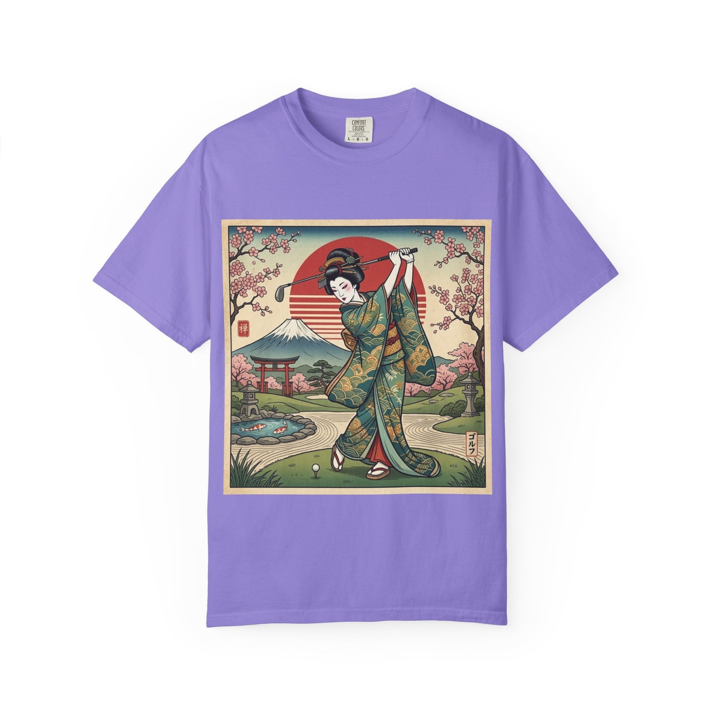 Zen Spot Golf Custom Vintage Japanese Kimono Geisha Golfer Sunset Graphic T-Shirt
