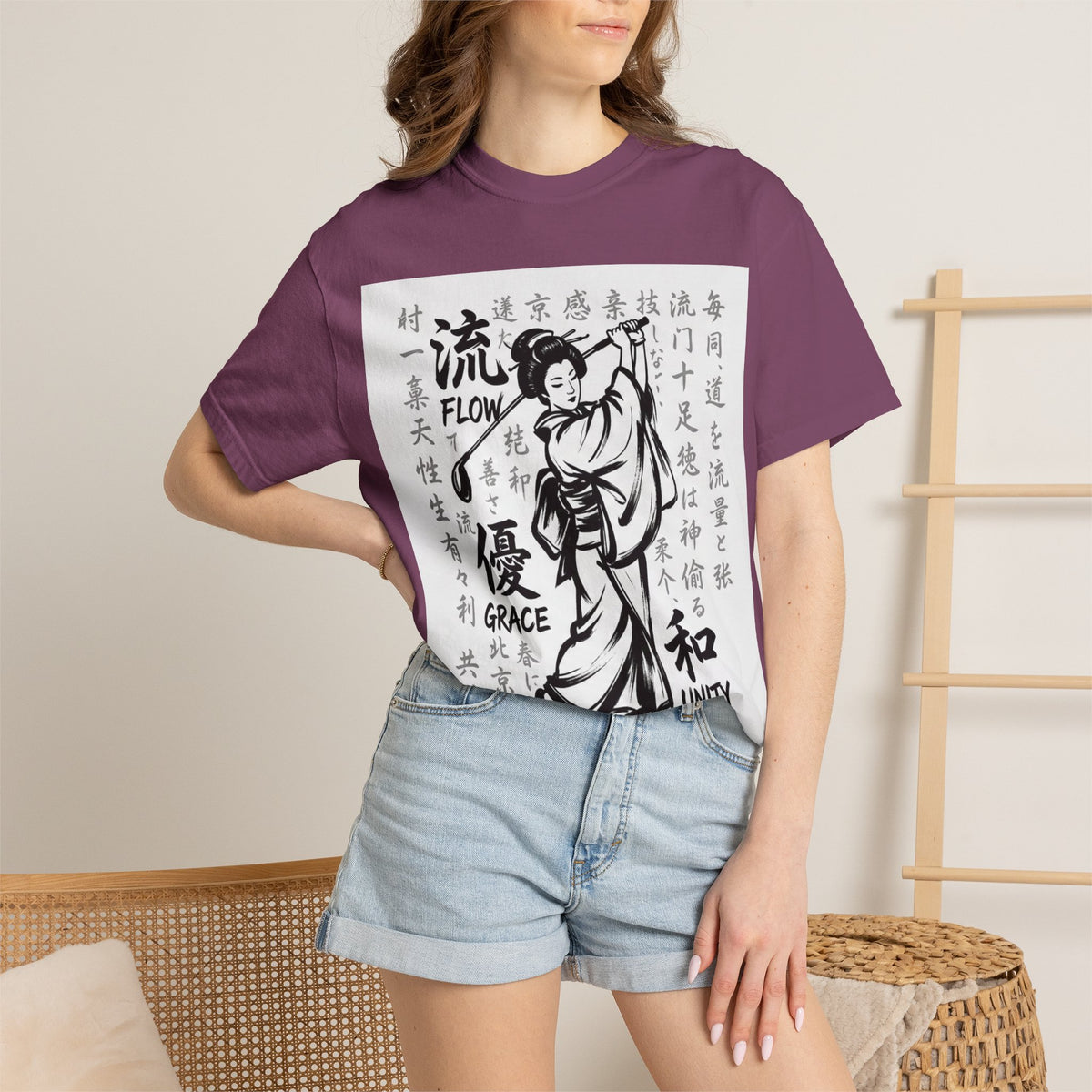 Flow, Grace, & Unity Geisha Golfer T-Shirt — Japanese Kanji Design