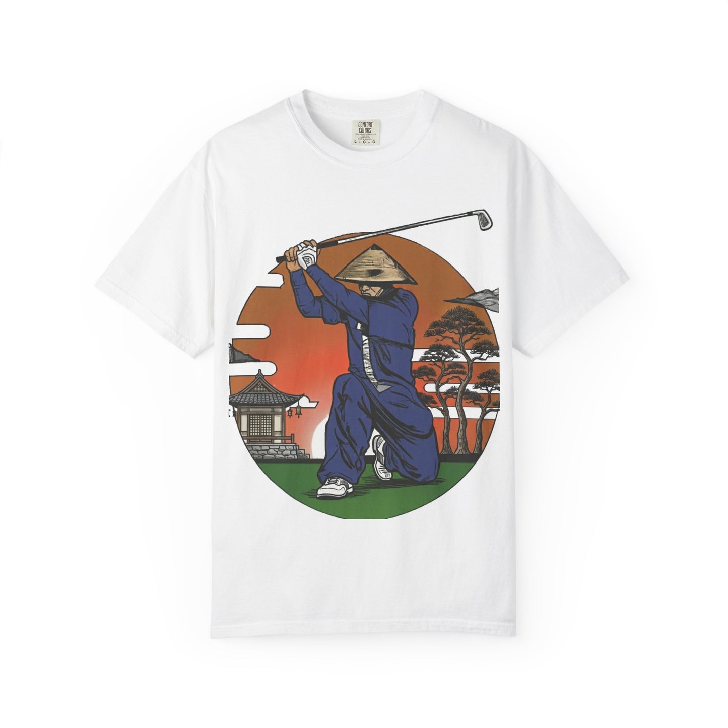 Zen Spot Golf Custom Vintage Sunset Samurai Golfer Graphic T‑Shirt