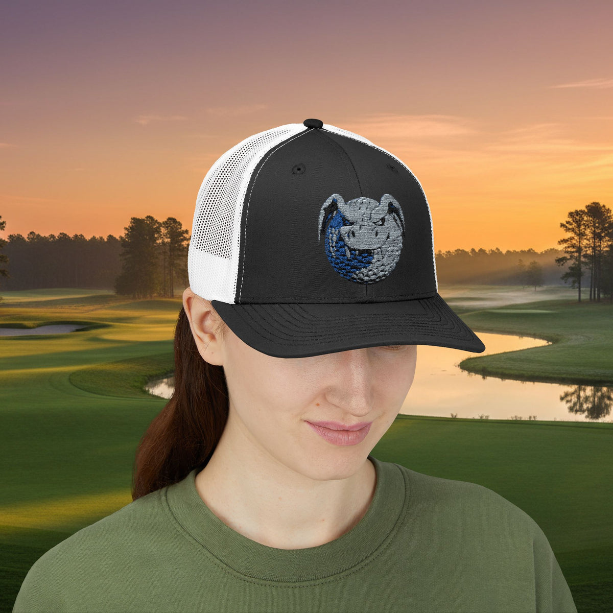 Embroidered Grey Stitched "Dragon Golf Ball" Trucker Cap