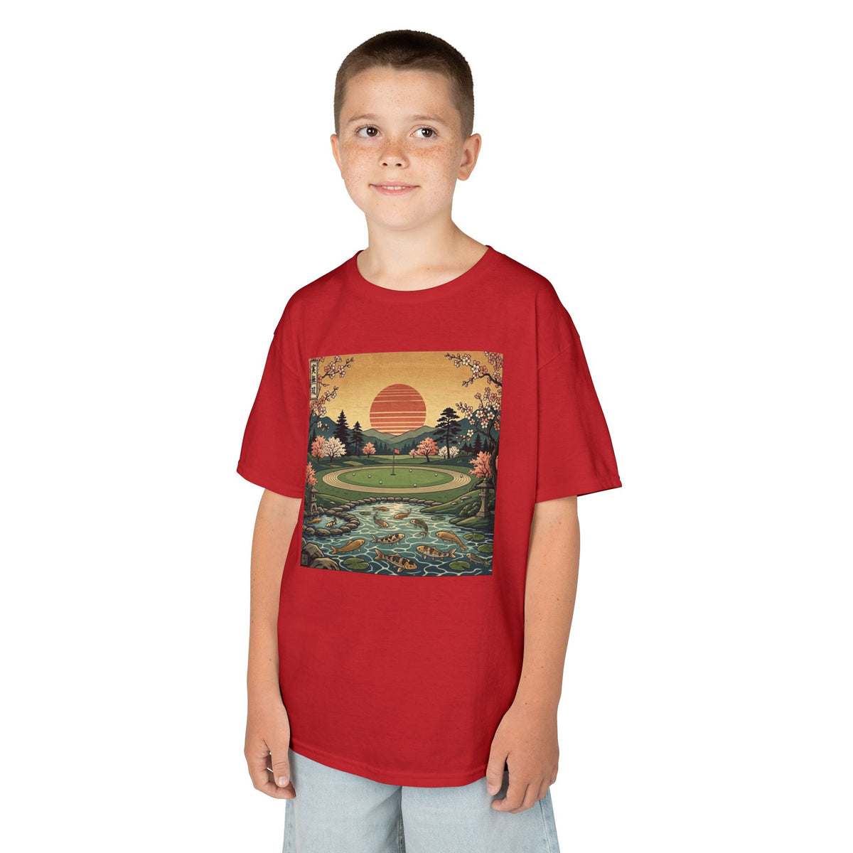 Vintage Japanese Sunset Golf Course Graphic Kids T-Shirt