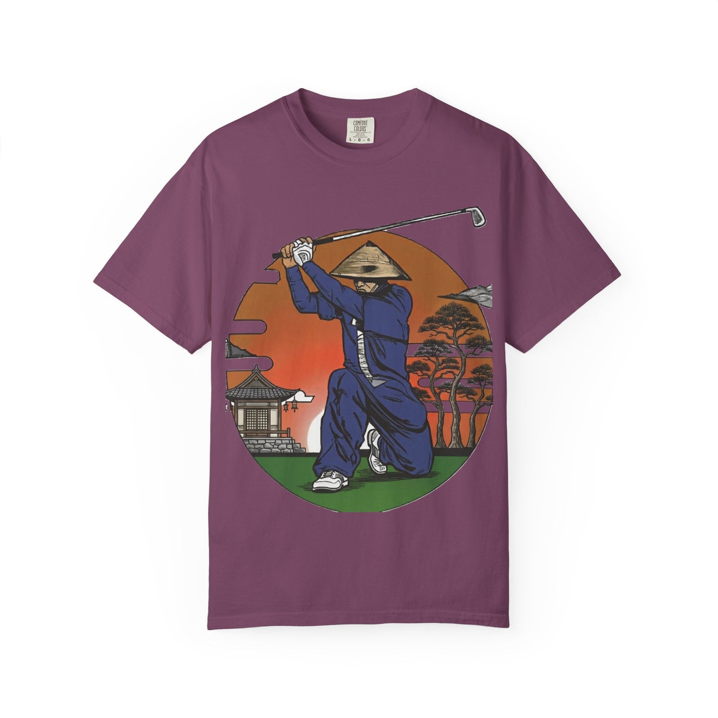 Zen Spot Golf Custom Vintage Sunset Samurai Golfer Graphic T‑Shirt