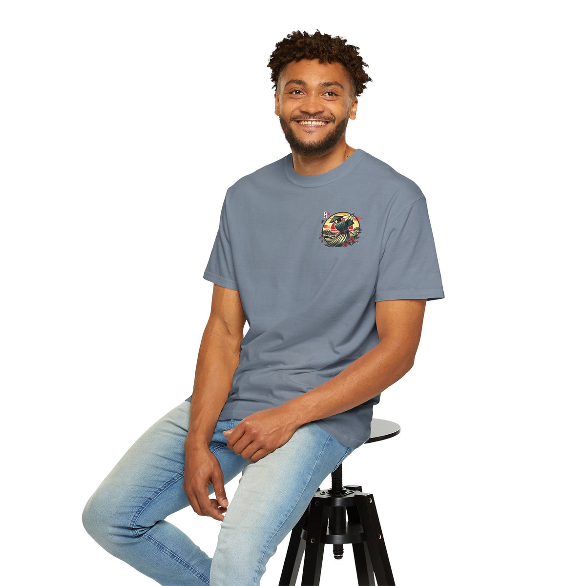 Samurai Golfer Sunset Chest and Back Design Graphic T-Shirt