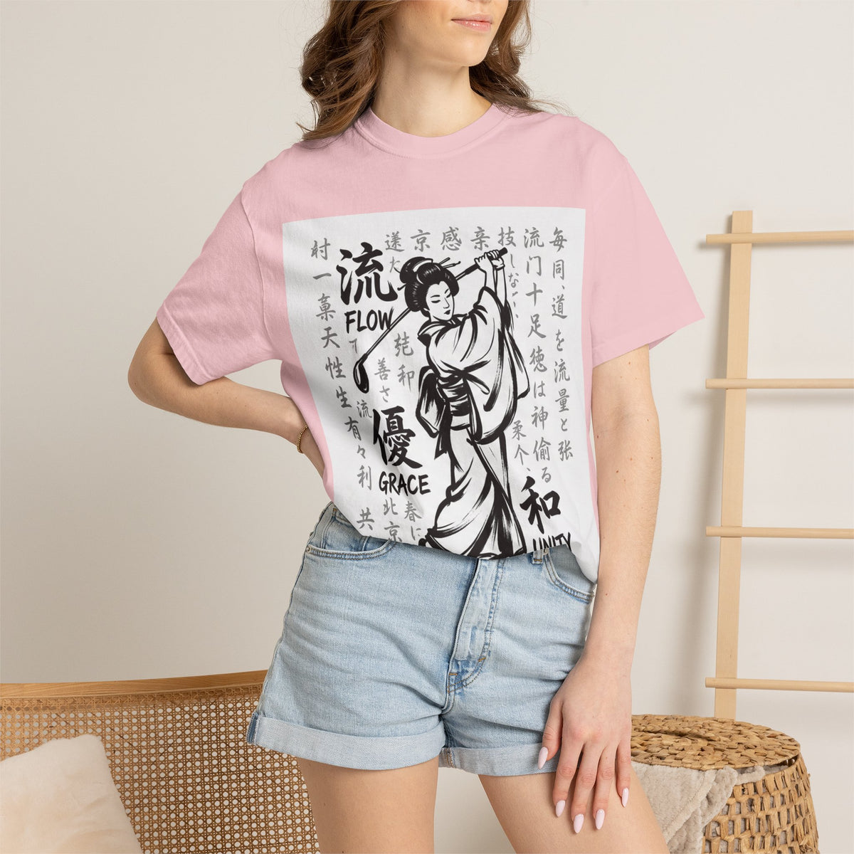 Flow, Grace, & Unity Geisha Golfer T-Shirt — Japanese Kanji Design