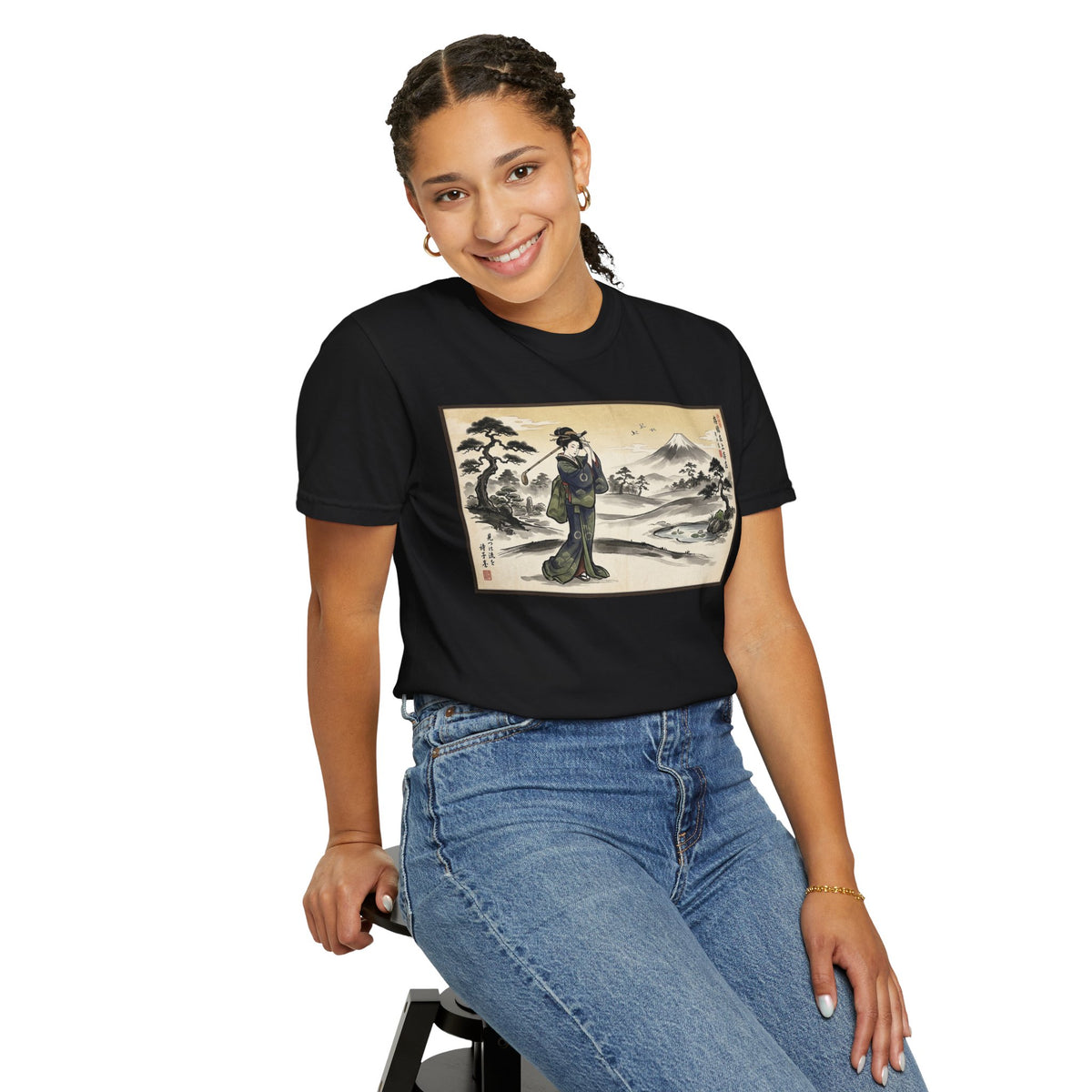 Vintage Geisha Golfer & Mount Fuji Graphic T-Shirt