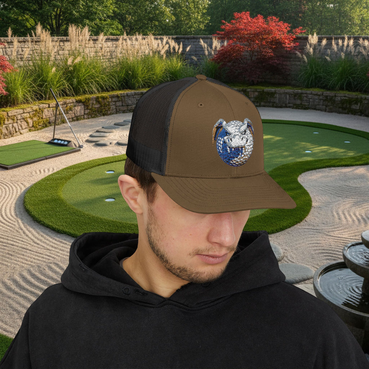 Embroidered White and Brown Stitched "Dragon Golf Ball" Trucker Cap