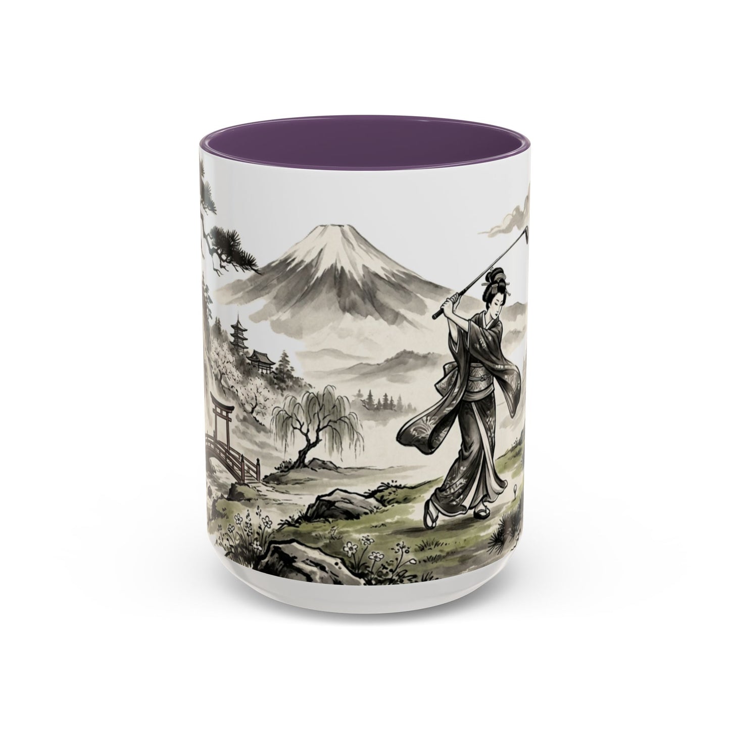 Zen Spot Golf Custom Japanese Golf Scene Accent Coffee Mug Ukiyo-e Style Golfing Geisha (11/15oz)