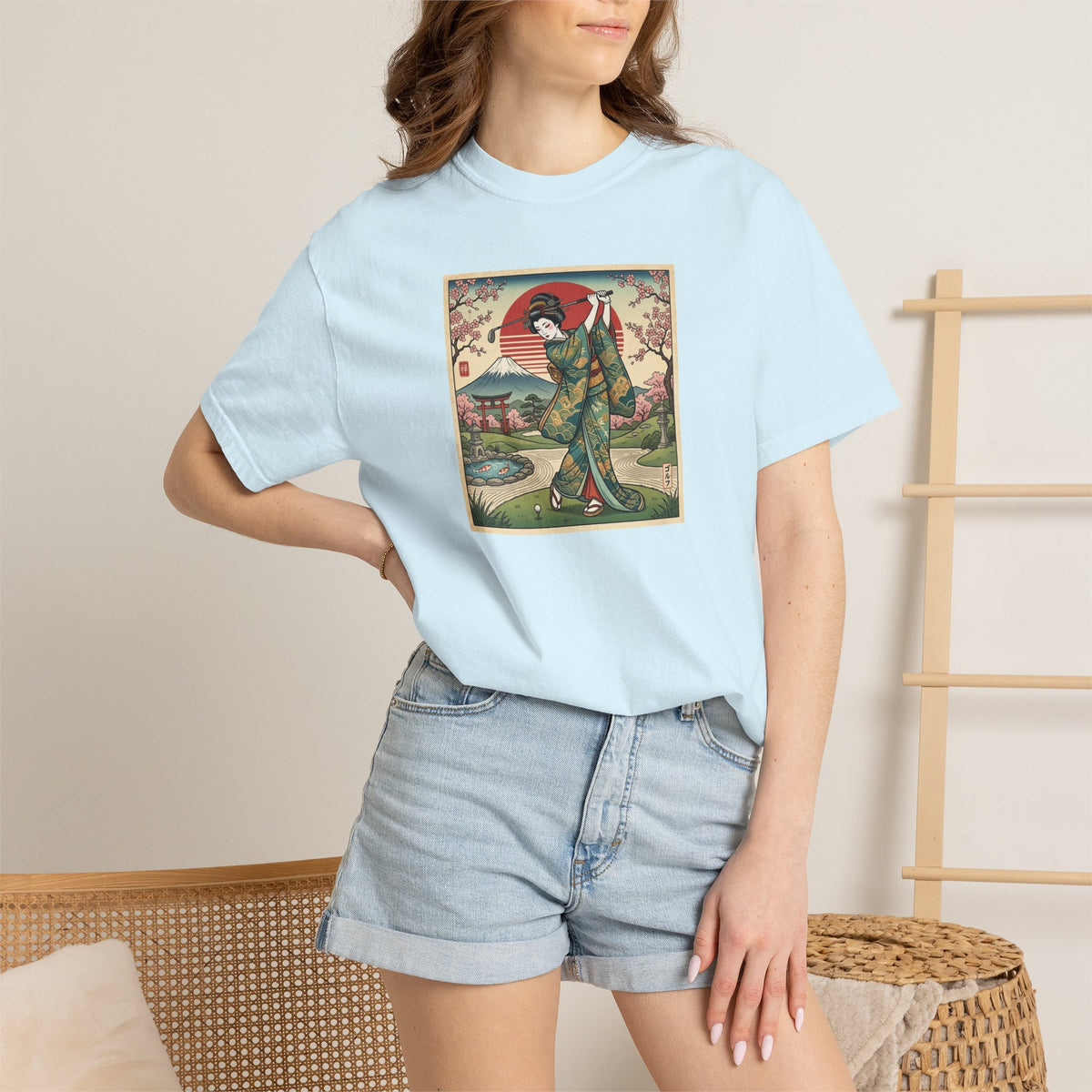 Zen Spot Golf Custom Vintage Japanese Kimono Geisha Golfer Sunset Graphic T-Shirt