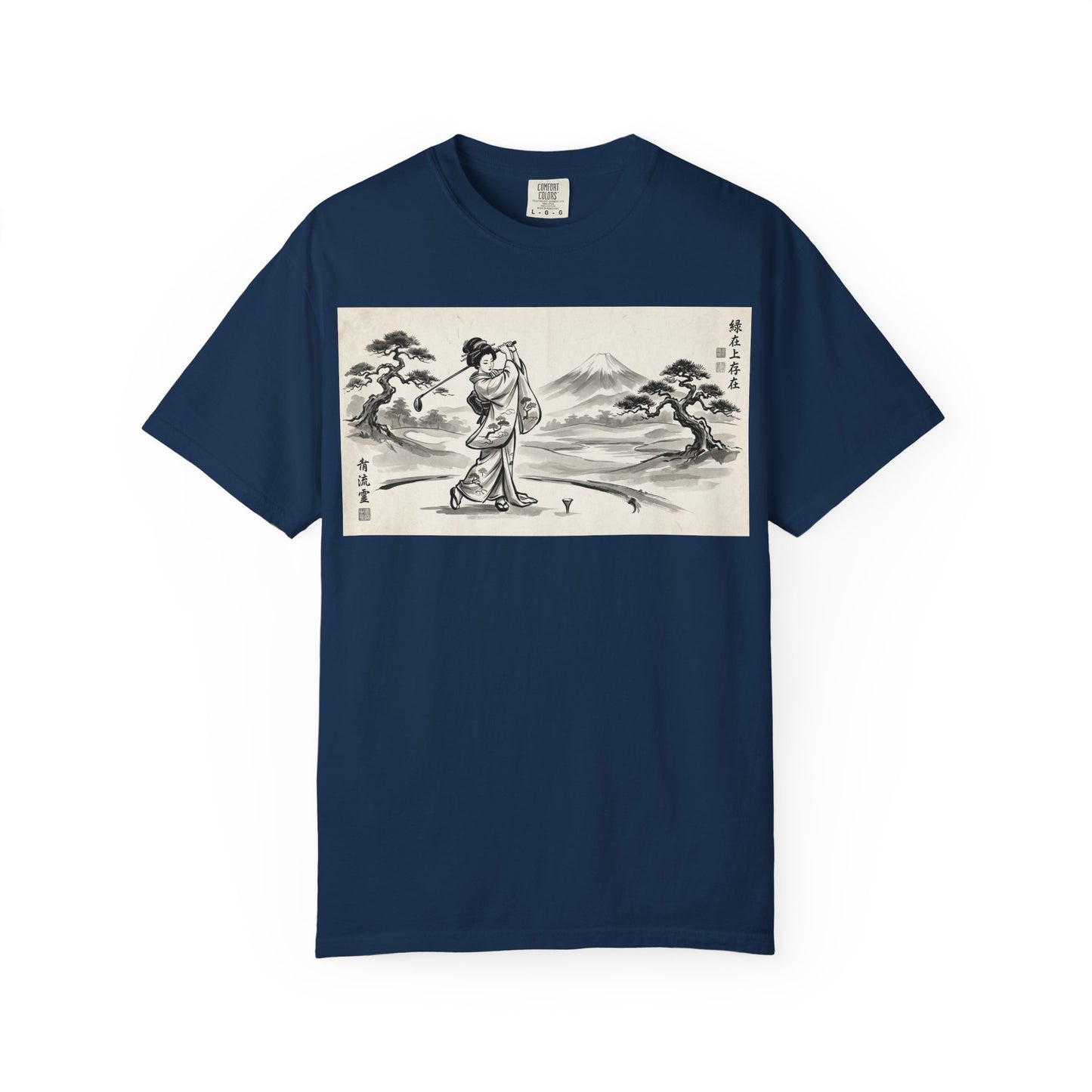 Zen Spot Customized Comfort Colors Japanese Sumi-e Landscape T-Shirt — Vintage Geisha & Mount Fuji Graphic Tee