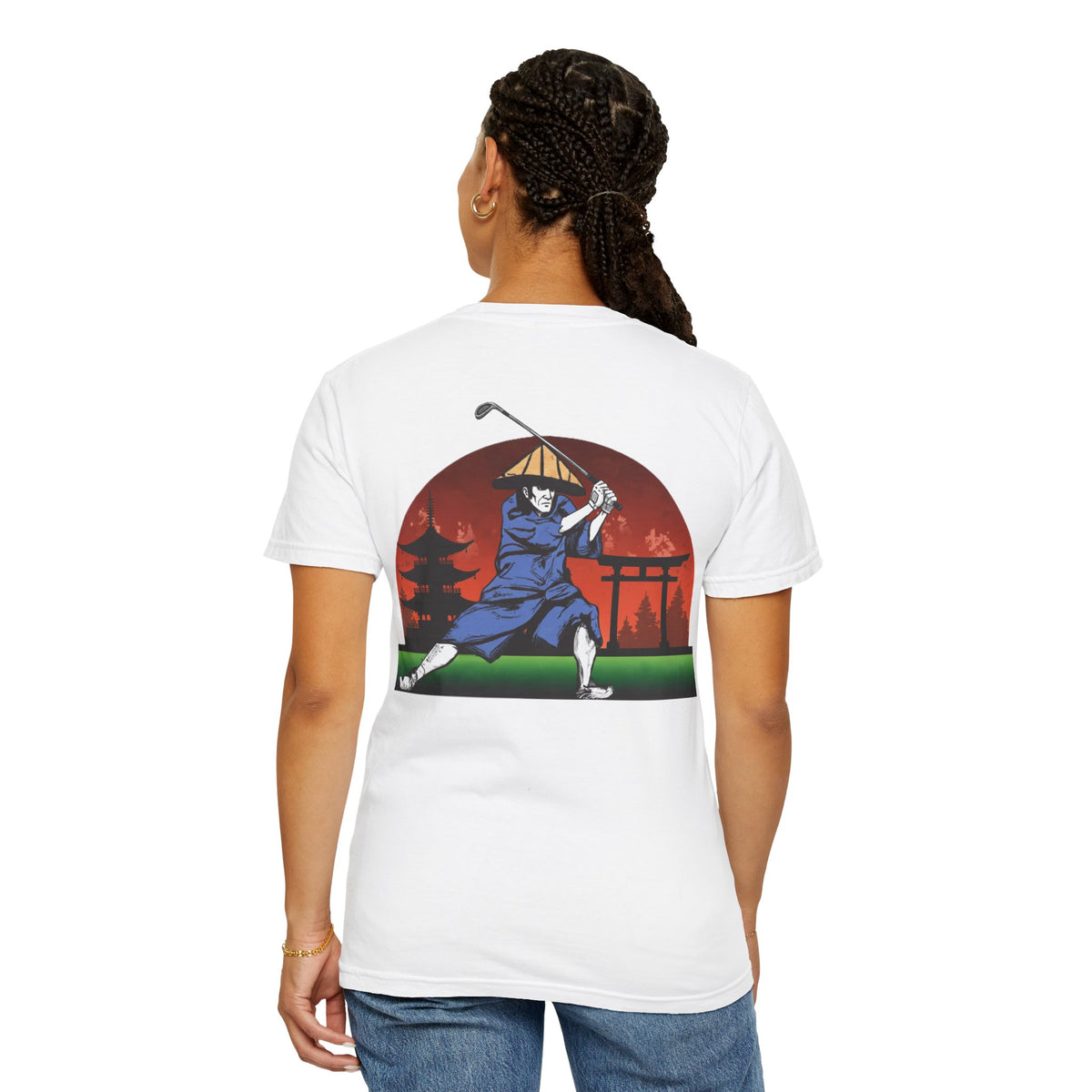 Japanese Sunset Samurai Golfer Chest and Back Graphic T-Shirt