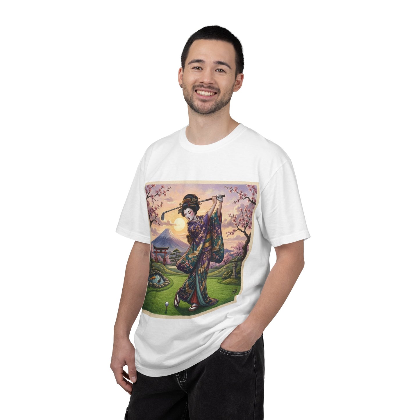 Zen Spot Customized Comfort Colors Geisha Golfing Sunset T-Shirt — Vintage Japanese Kimono Art Tee