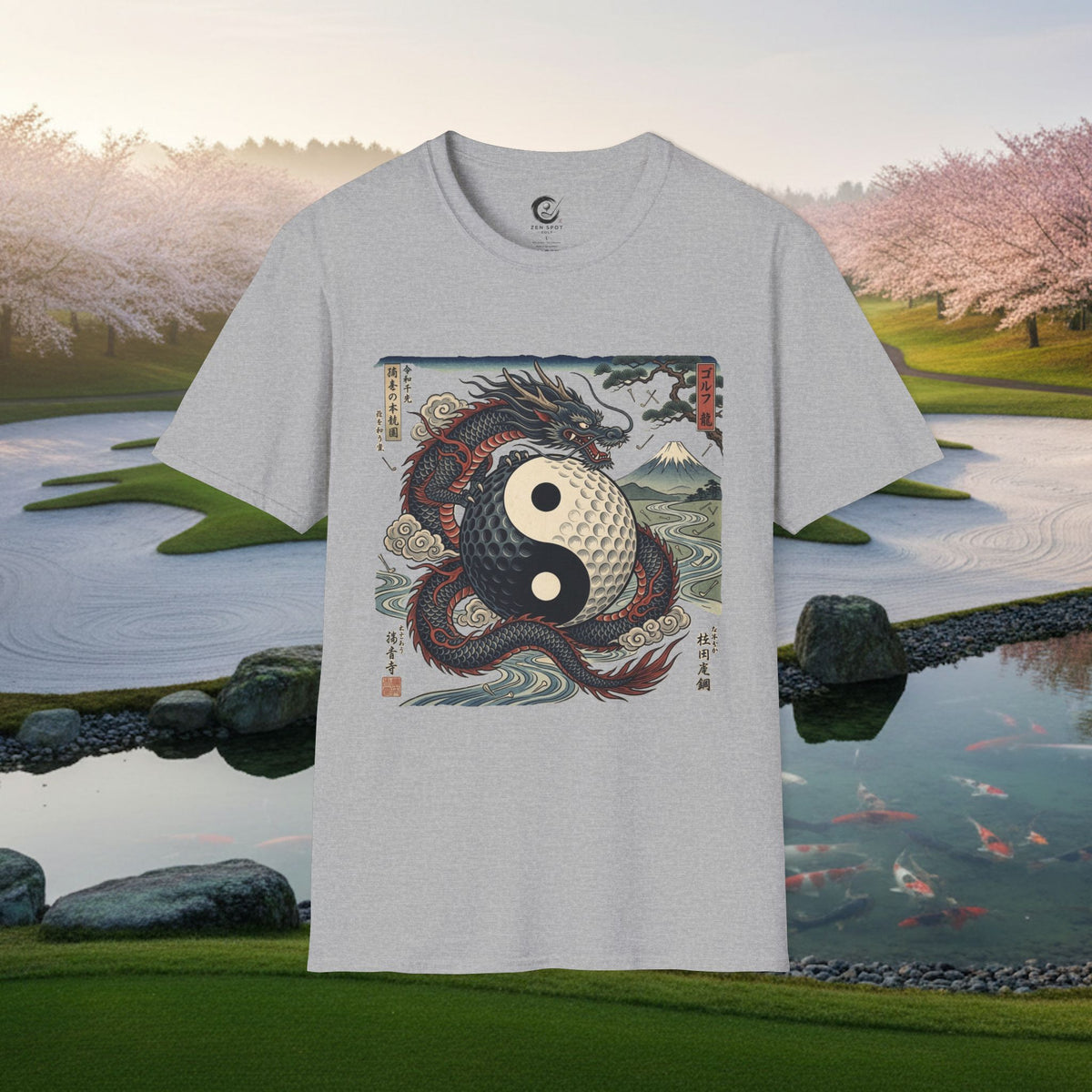 Yin Yang Dragon Golf T‑Shirt — Japanese Wave & Mt. Fuji Graphic Tee