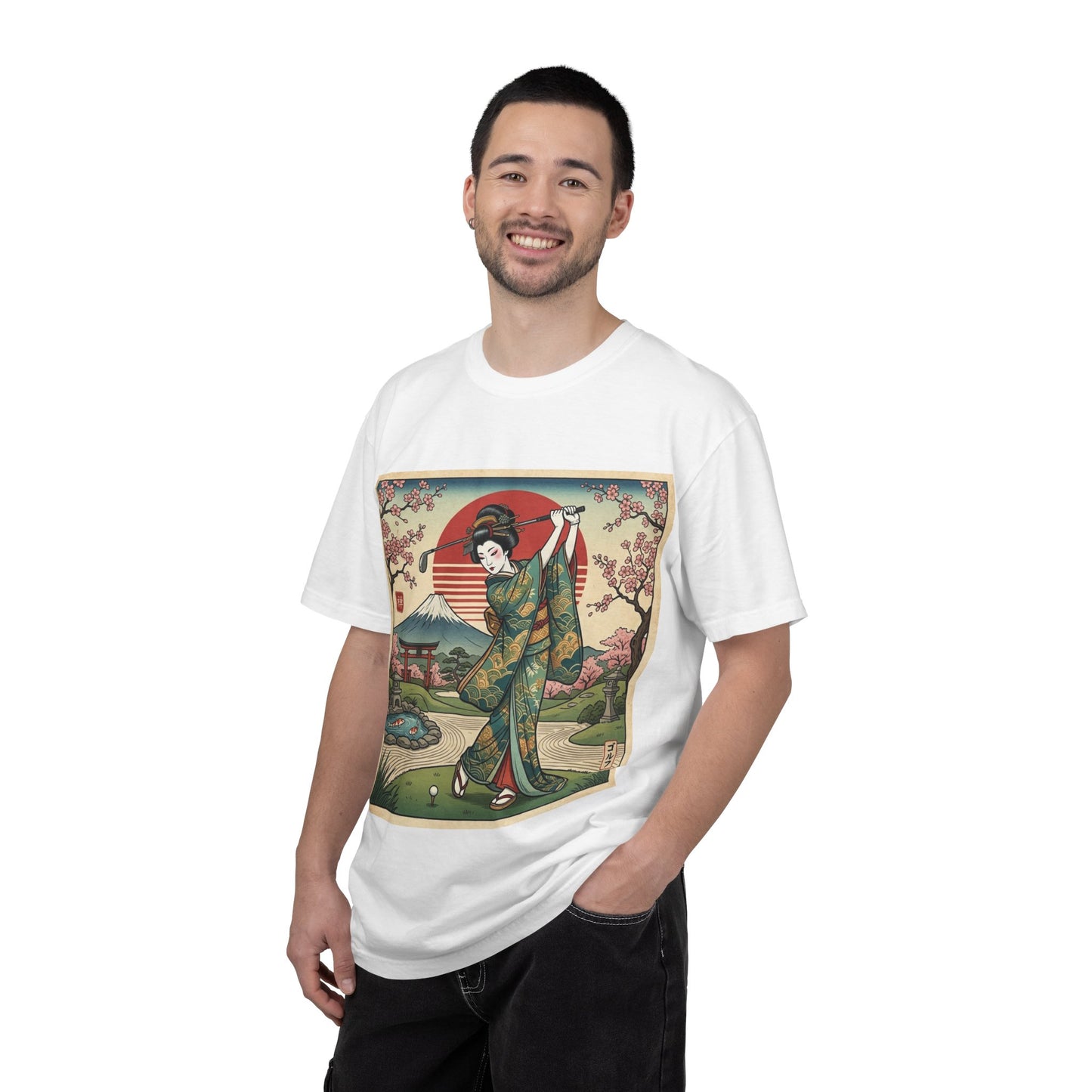 Zen Spot Golf Custom Vintage Japanese Kimono Geisha Golfer Sunset Graphic T-Shirt