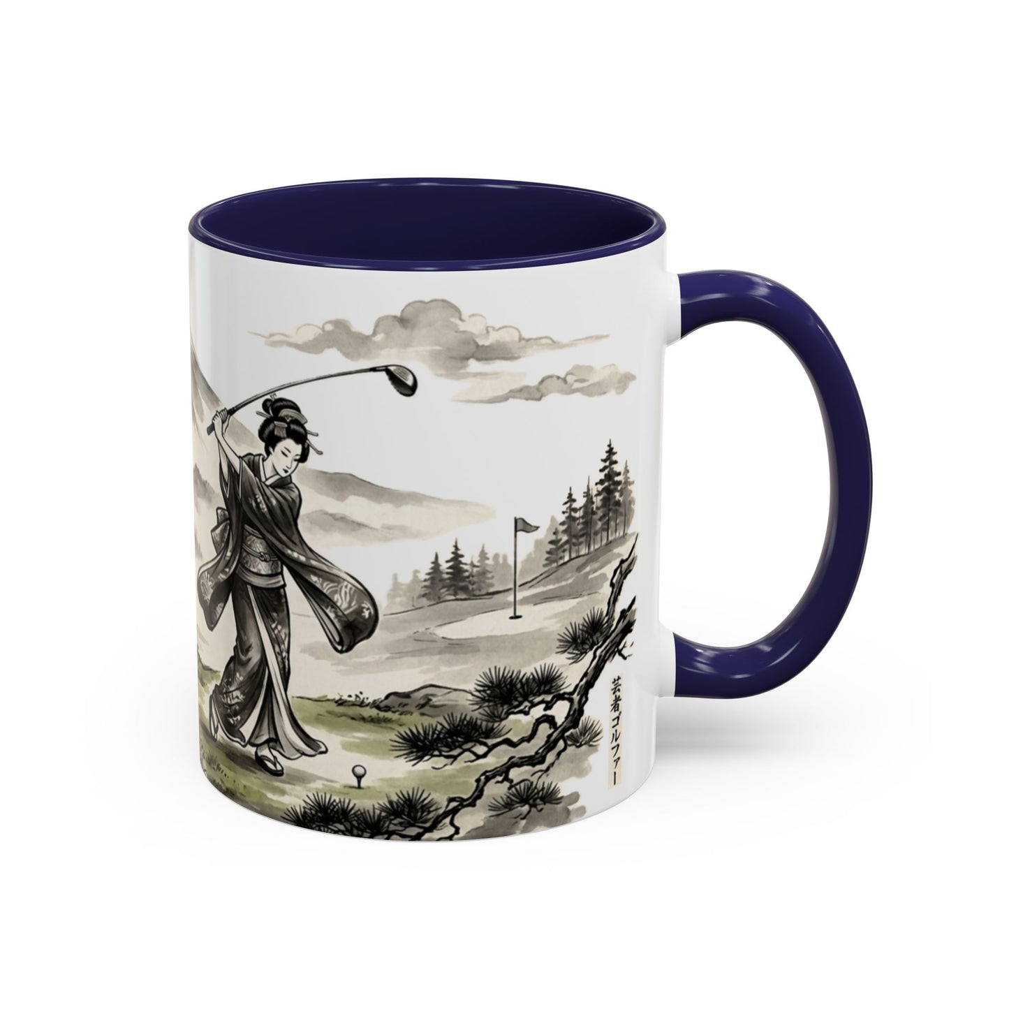 Zen Spot Golf Custom Japanese Golf Scene Accent Coffee Mug Ukiyo-e Style Golfing Geisha (11/15oz)