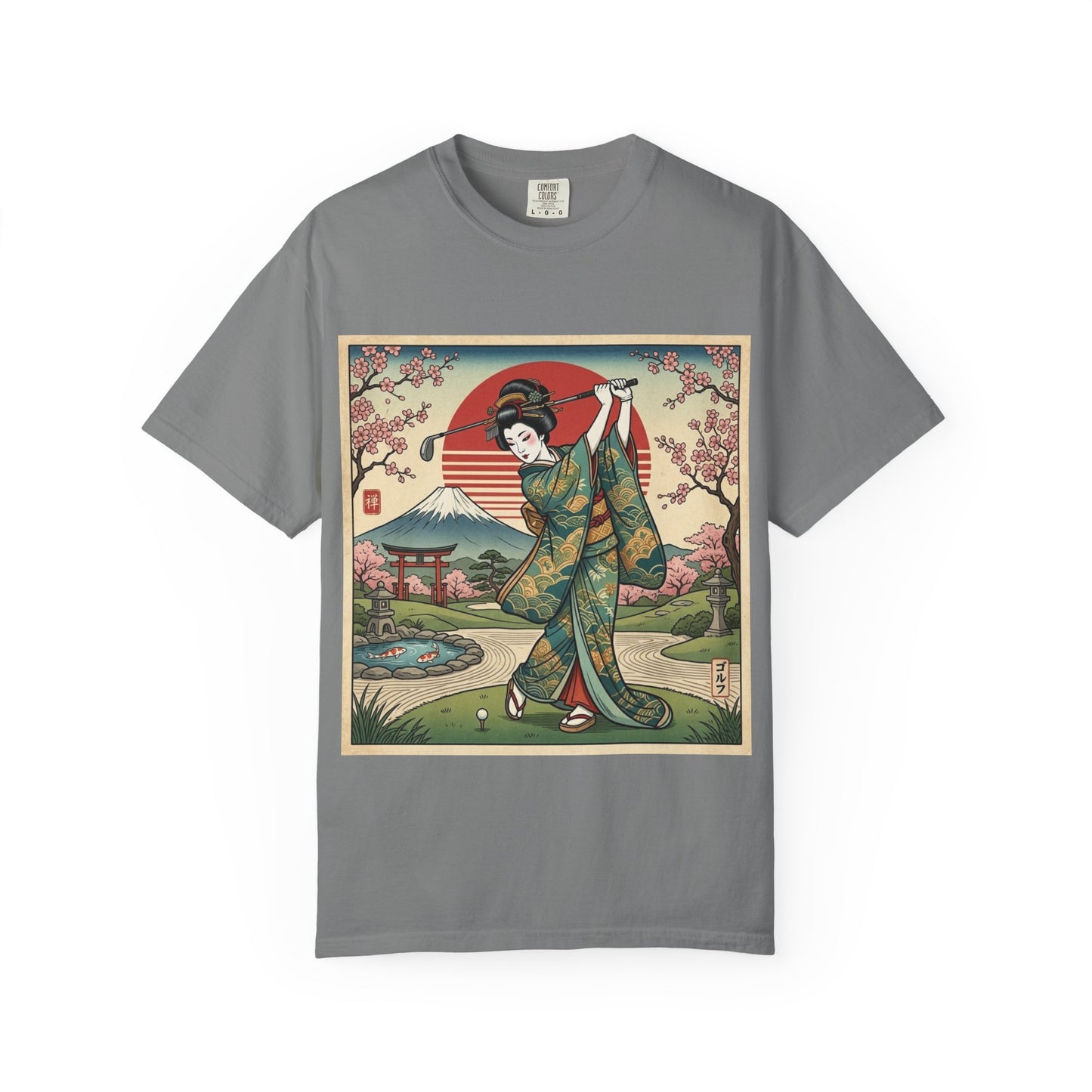 Zen Spot Golf Custom Vintage Japanese Kimono Geisha Golfer Sunset Graphic T-Shirt