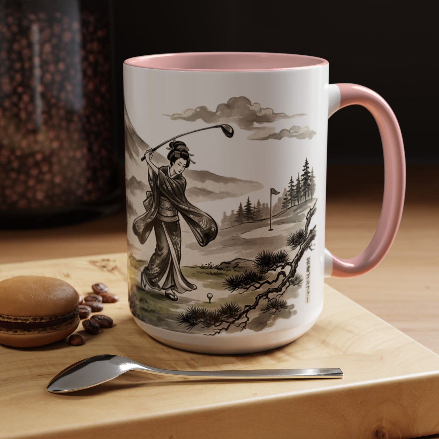 Zen Spot Golf Custom Japanese Golf Scene Accent Coffee Mug Ukiyo-e Style Golfing Geisha (11/15oz)