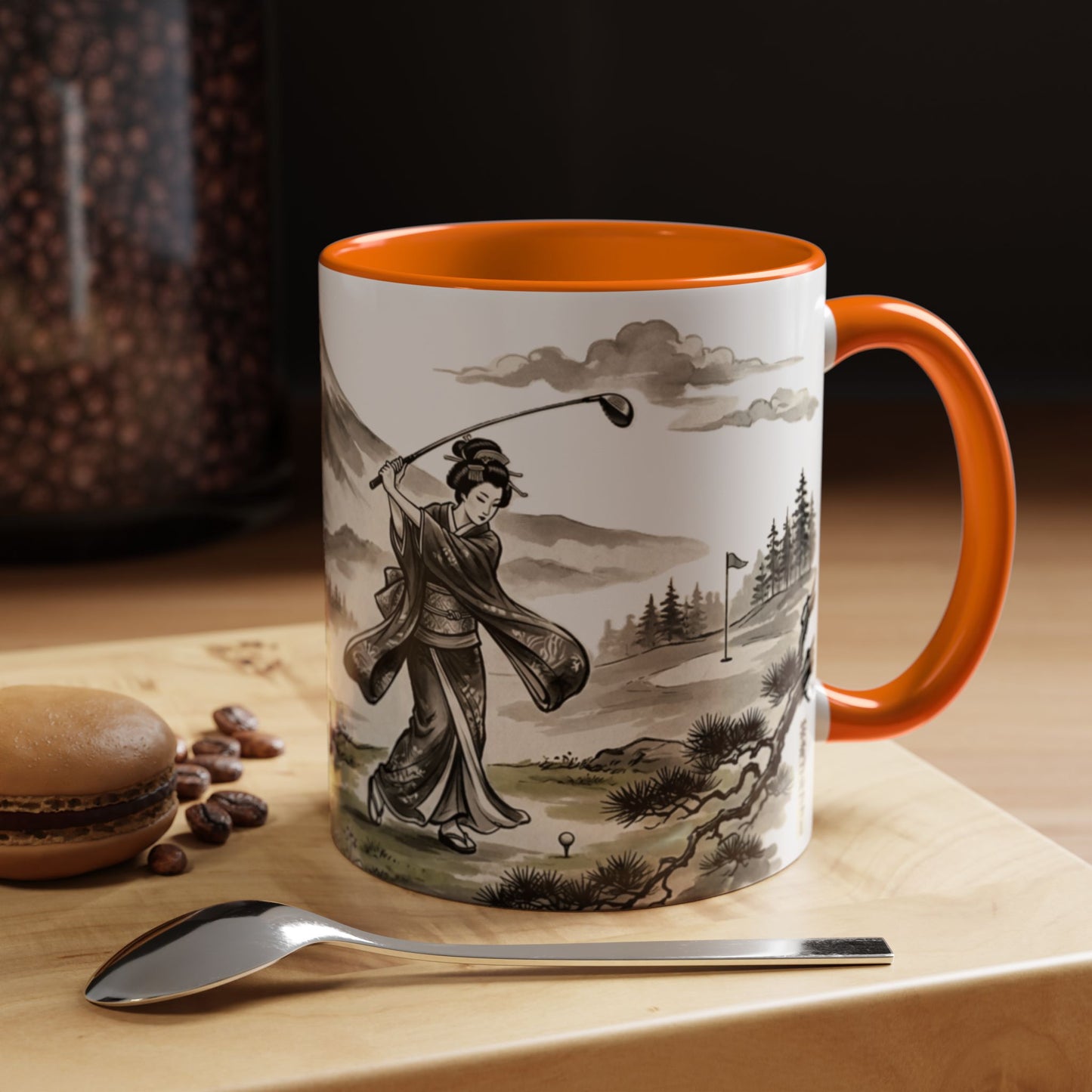 Zen Spot Golf Custom Japanese Golf Scene Accent Coffee Mug Ukiyo-e Style Golfing Geisha (11/15oz)