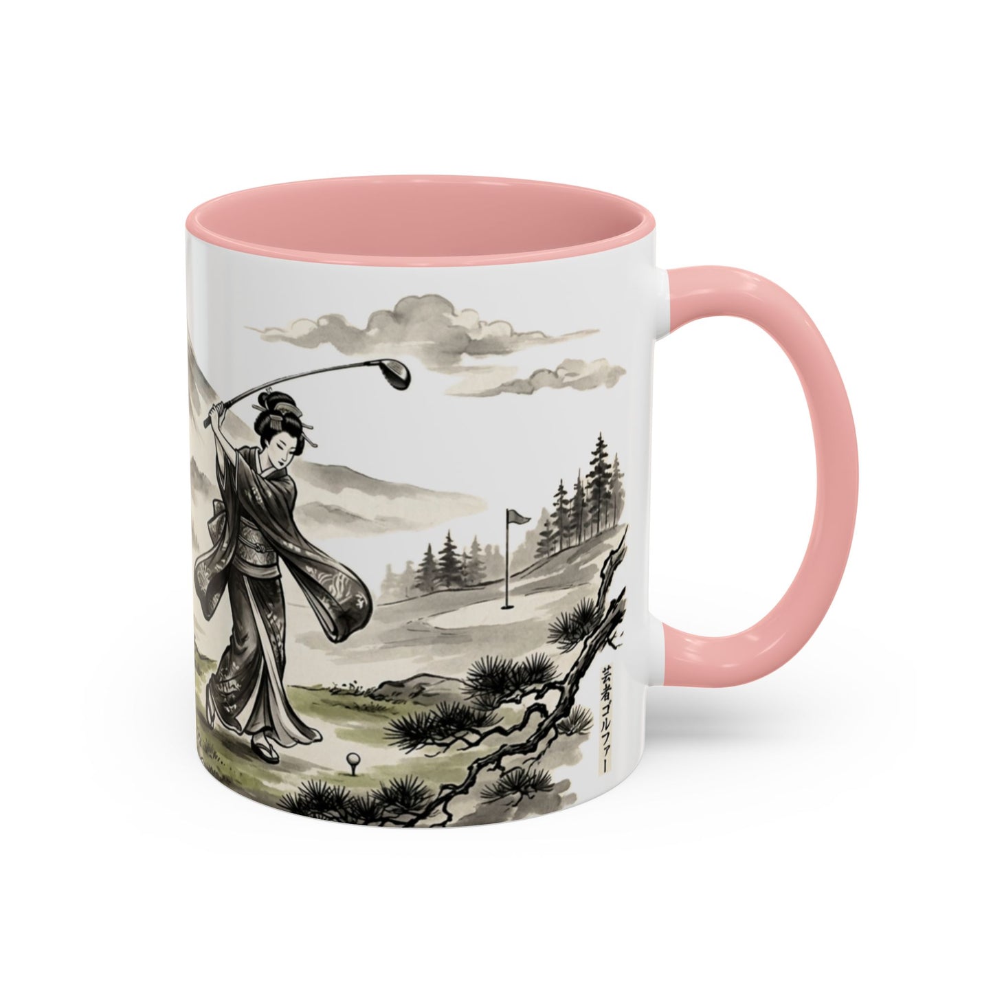 Zen Spot Golf Custom Japanese Golf Scene Accent Coffee Mug Ukiyo-e Style Golfing Geisha (11/15oz)