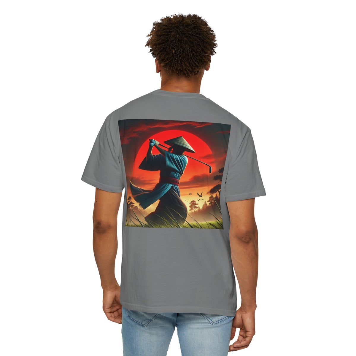 Enso Circle Golf  Stroke Chest Sunset Warrior Samurai Golfer Back Graphic T-Shirt