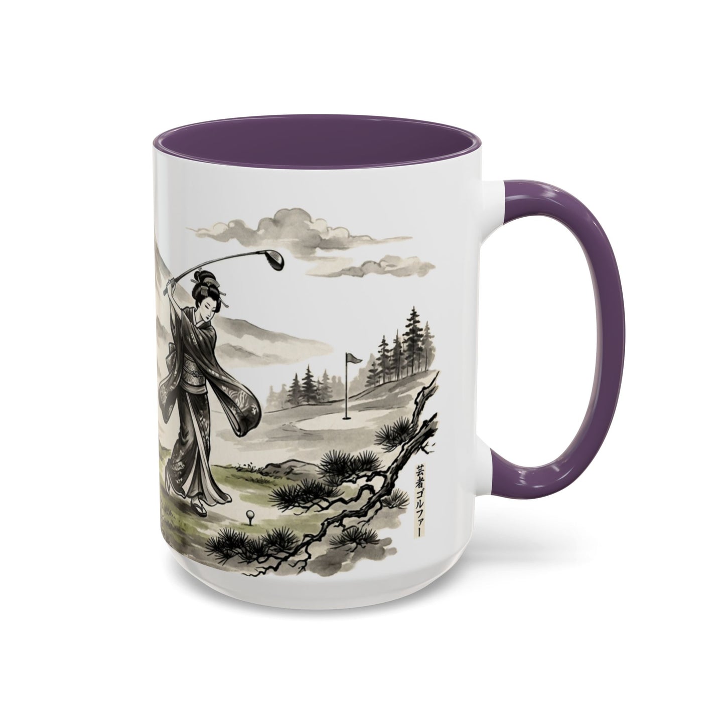 Zen Spot Golf Custom Japanese Golf Scene Accent Coffee Mug Ukiyo-e Style Golfing Geisha (11/15oz)
