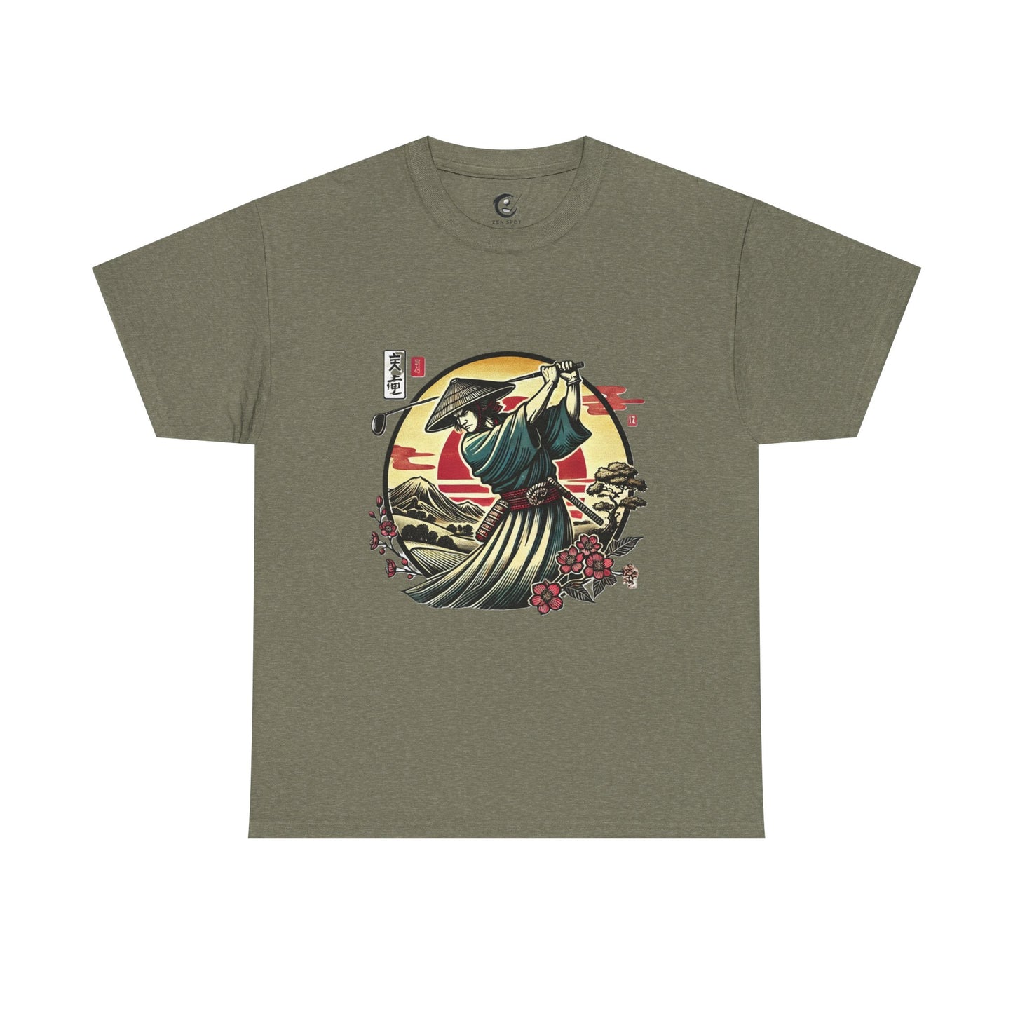 Zen Spot Customized Gildan Samurai Golfer Sunset T‑Shirt — Japanese Warrior Graphic Tee