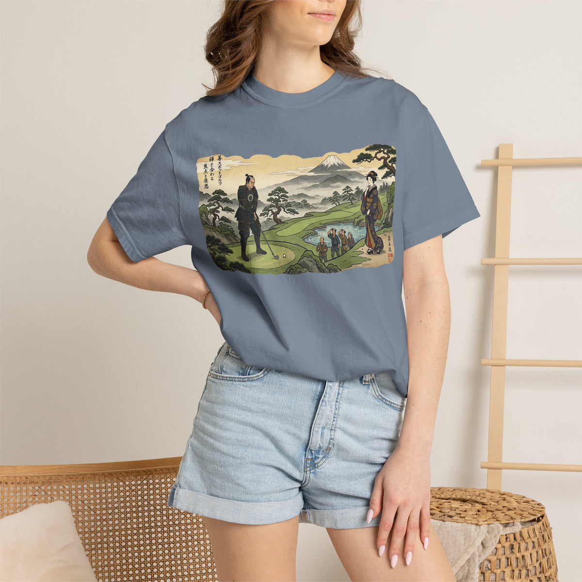 Vintage Samurai Golfer Mount Fuji Landscape Graphic T-Shirt