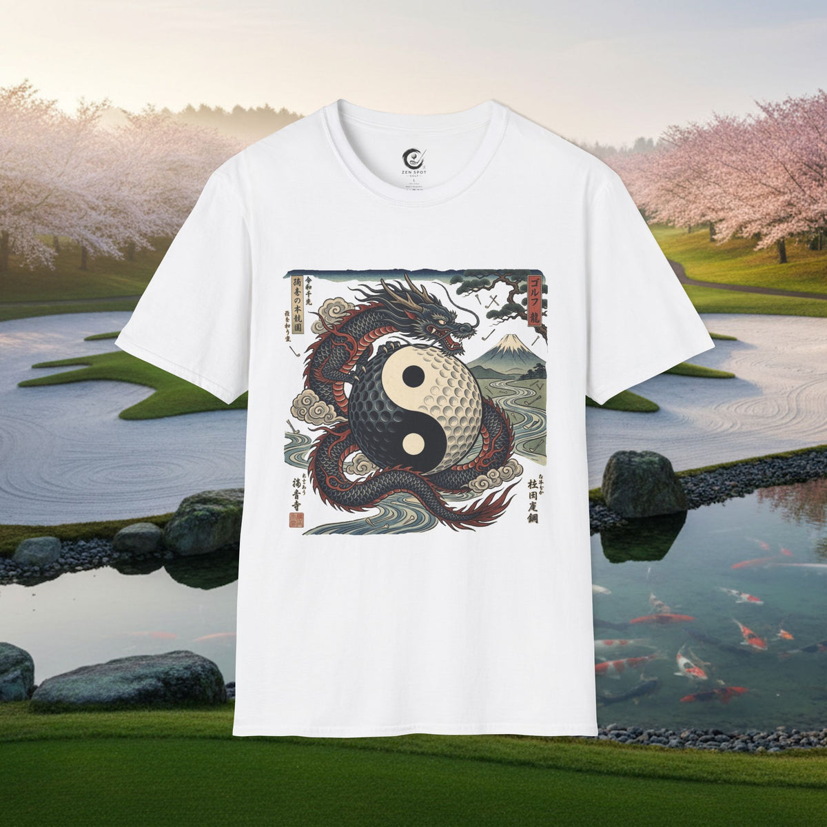 Yin Yang Dragon Golf T‑Shirt — Japanese Wave & Mt. Fuji Graphic Tee