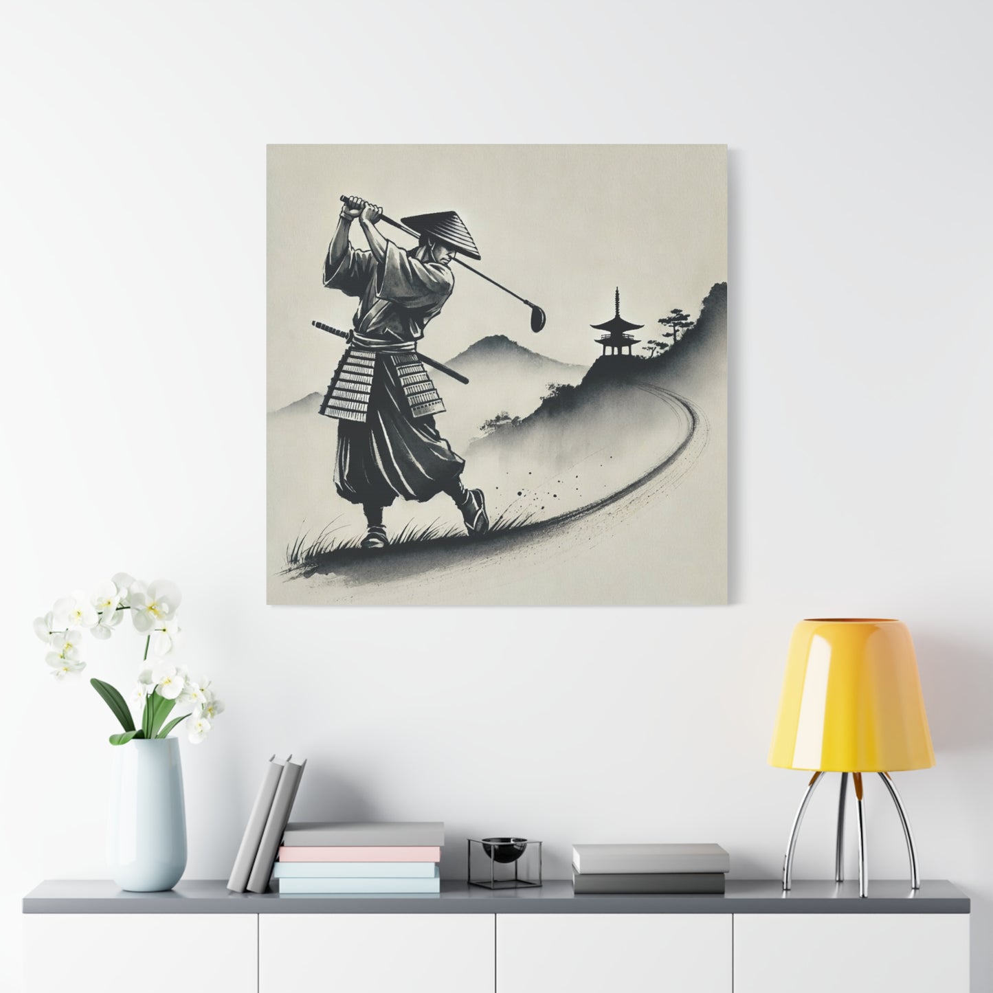 Samurai Golf Canvas Wall Art — Zen Golfing Japanese Ink Print