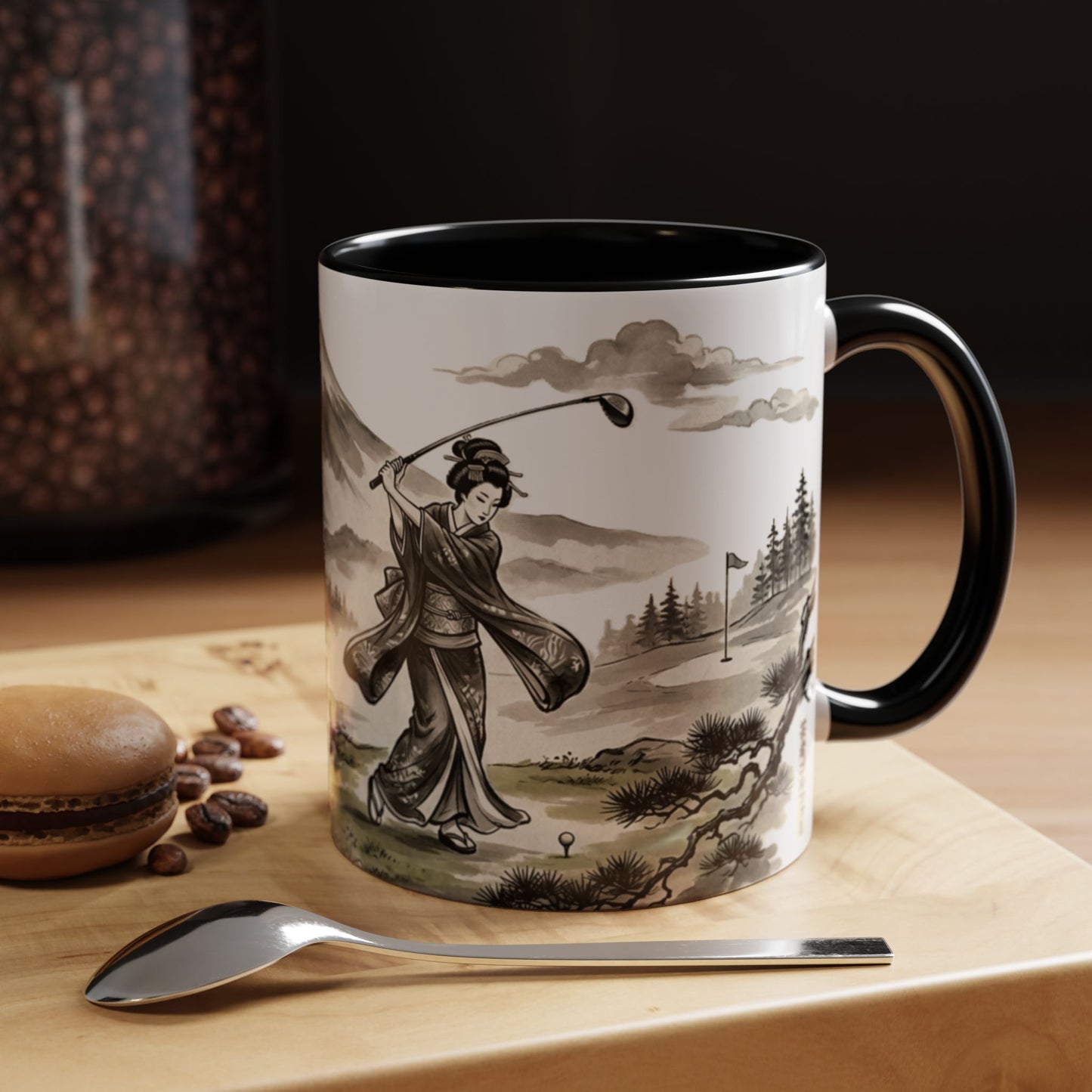 Zen Spot Golf Custom Japanese Golf Scene Accent Coffee Mug Ukiyo-e Style Golfing Geisha (11/15oz)