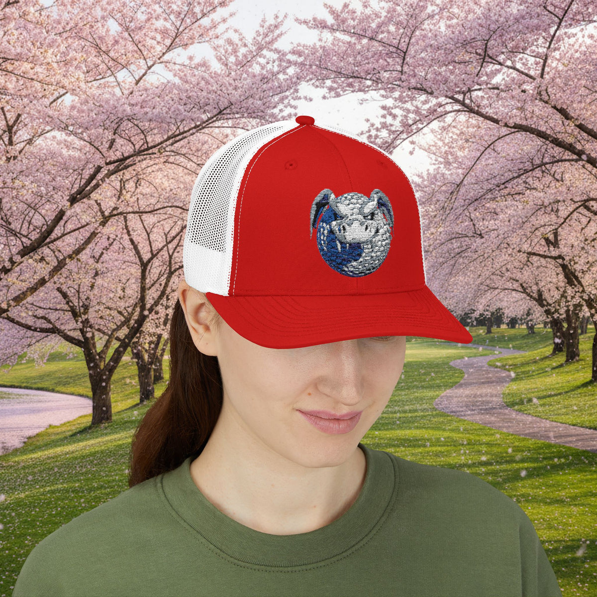 Embroidered White and Grey Stitched "Dragon Golf Ball" Trucker Cap