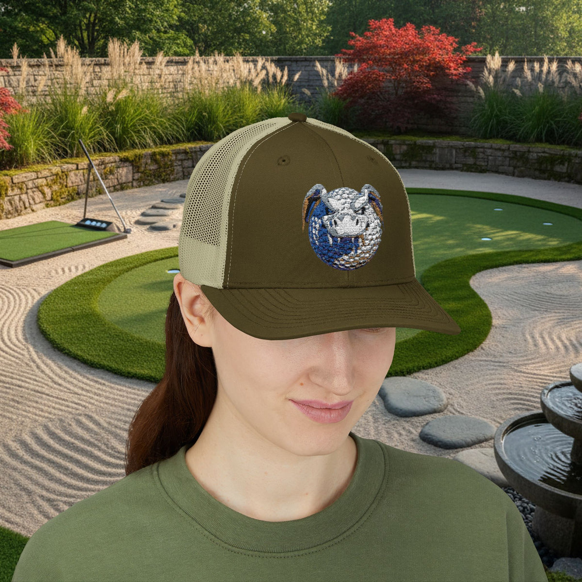 Embroidered White and Brown Stitched "Dragon Golf Ball" Trucker Cap