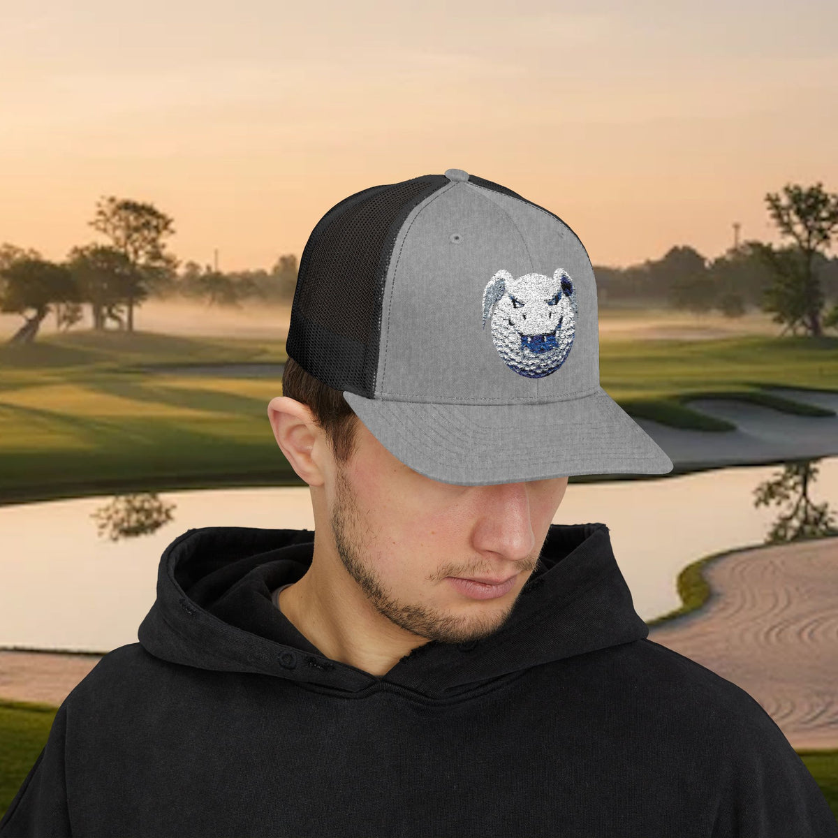 Embroidered White Stitched "Dragon Golf Ball" Trucker Cap