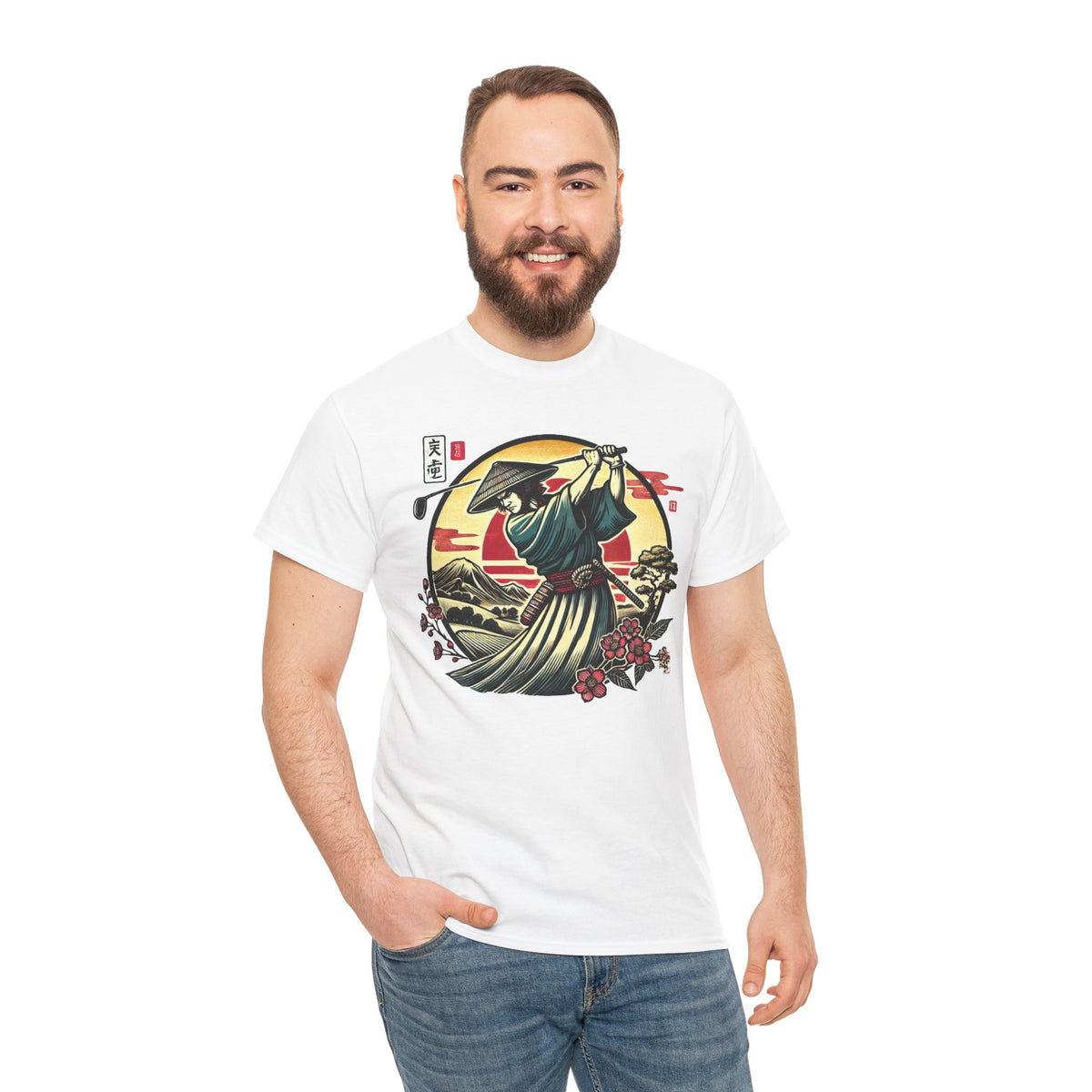 Japanese Samurai Golfer Sunset Graphic T‑Shirt