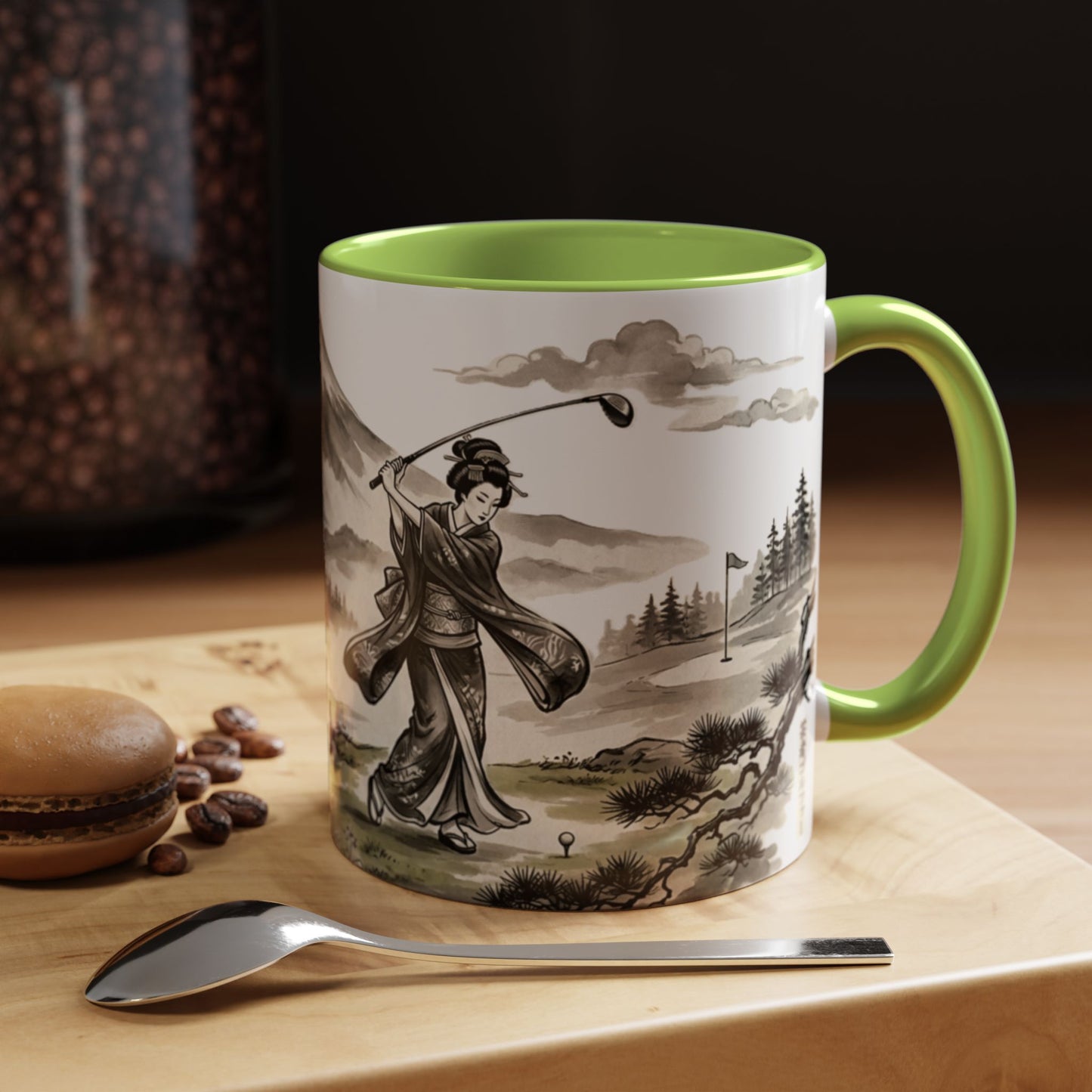 Zen Spot Golf Custom Japanese Golf Scene Accent Coffee Mug Ukiyo-e Style Golfing Geisha (11/15oz)