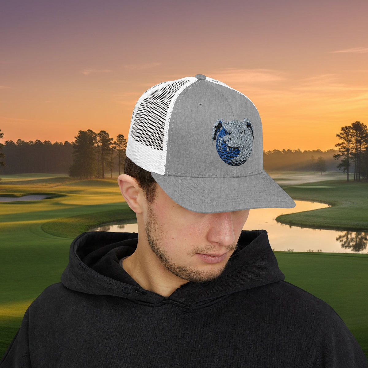 Embroidered Grey Stitched "Dragon Golf Ball" Trucker Cap