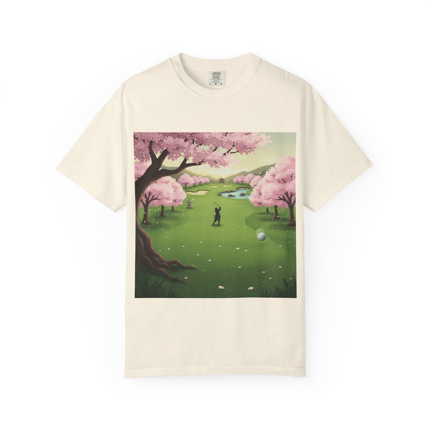 Zen Spot Golf Custom Golf Scenic Course Cherry Blossom Golfer Graphic T-Shirt