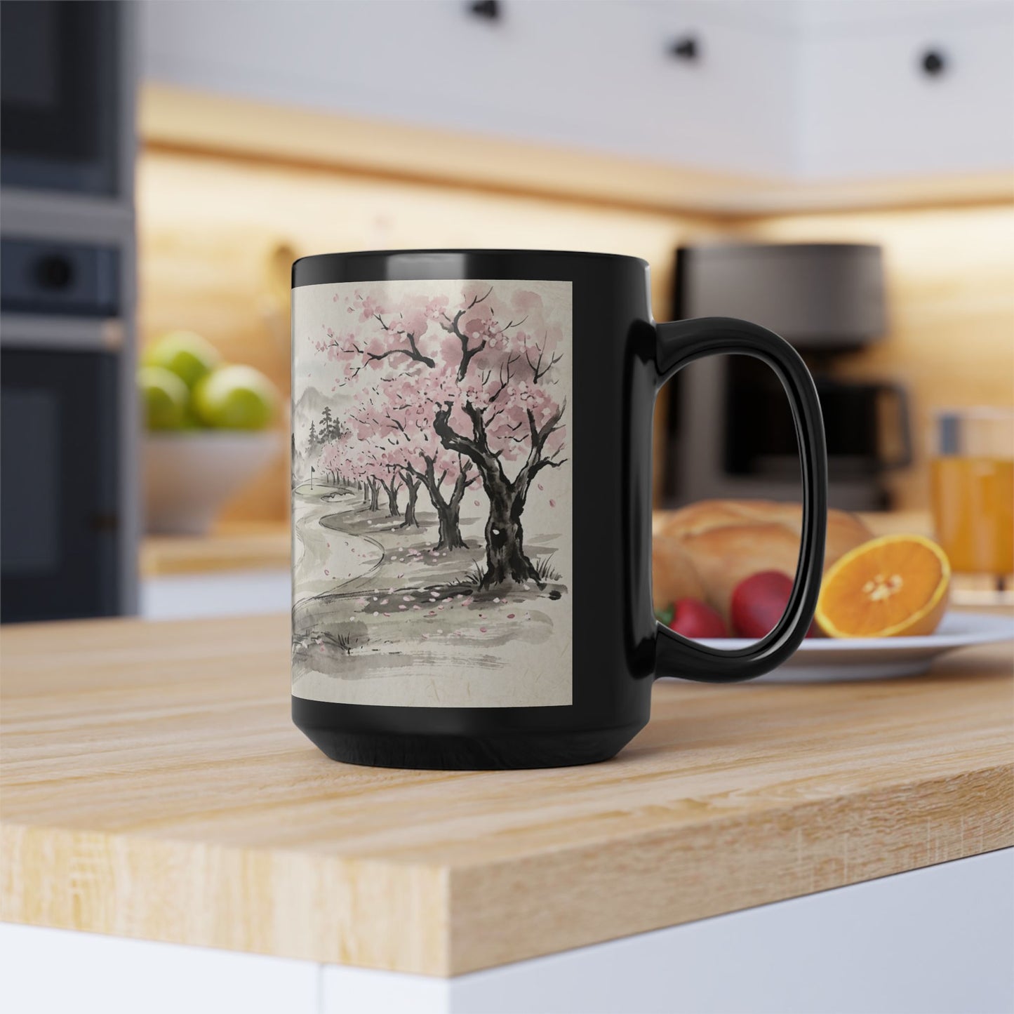 Zen Spot Golf Custom Cherry Blossom Landscape Mug Black Ceramic Coffee Tea Cup (11oz & 15oz)
