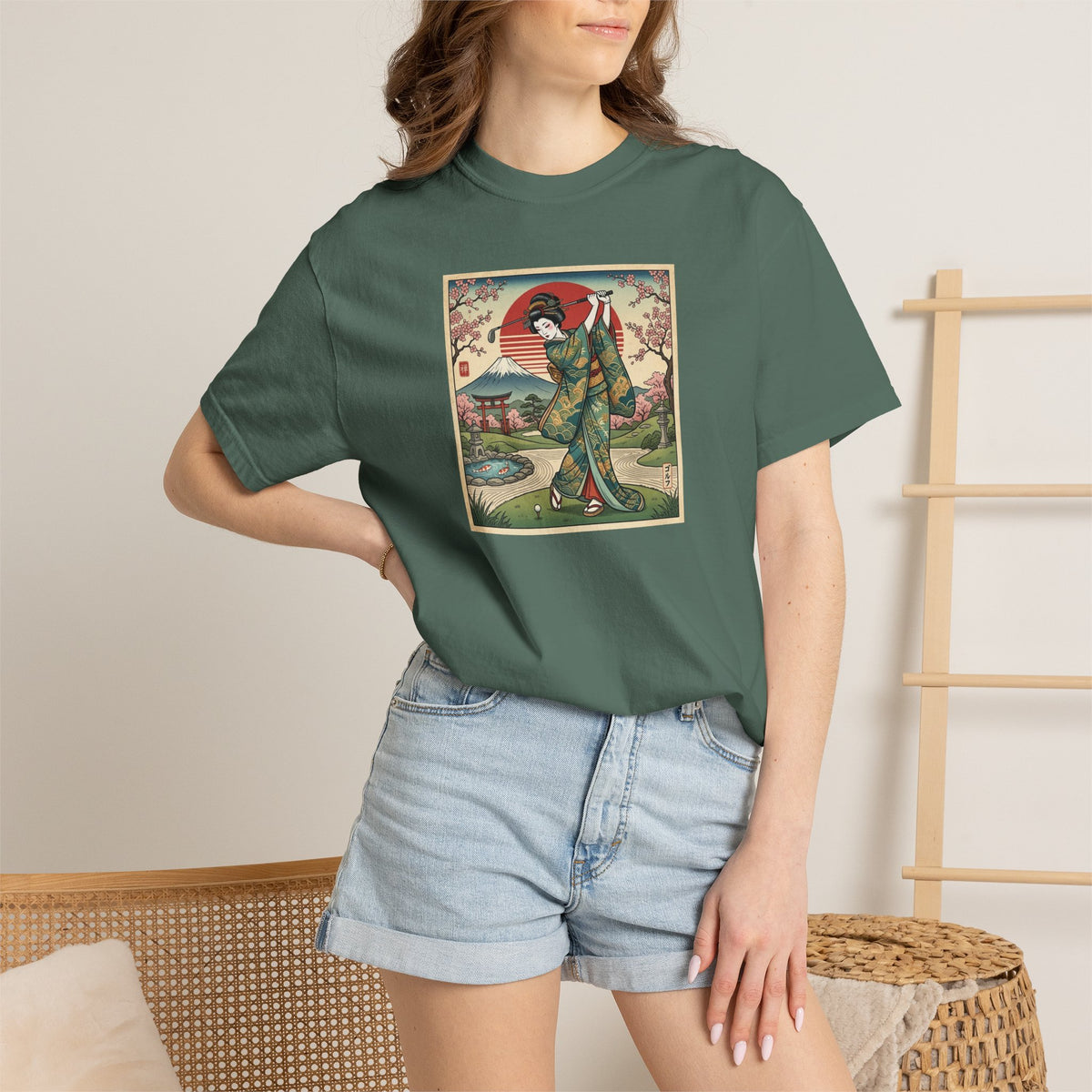Zen Spot Golf Custom Vintage Japanese Kimono Geisha Golfer Sunset Graphic T-Shirt