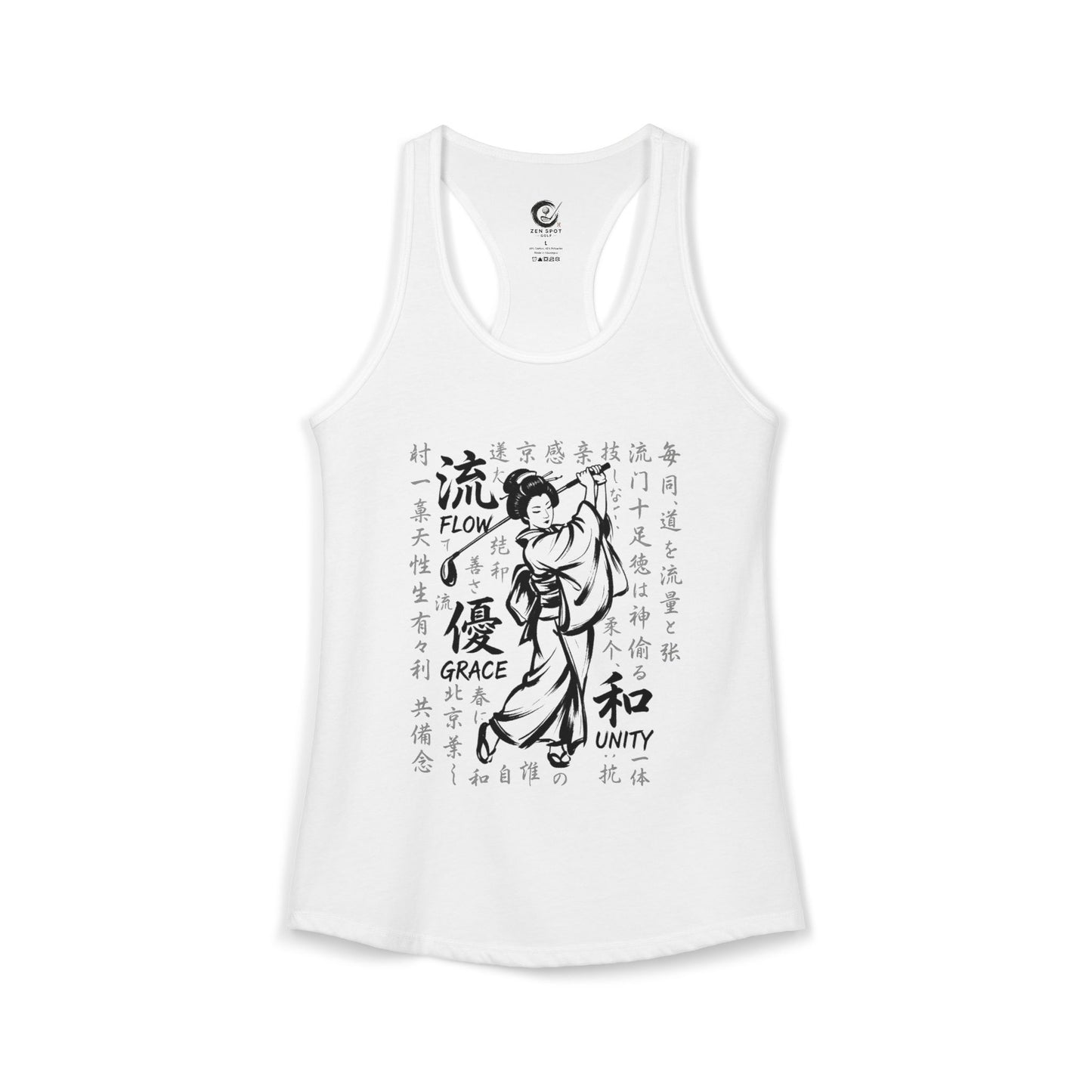 Zen Spot Golf Custom Geisha Golfer Kanji "Flow, Grace, and Unity" Women's Racerback Tank