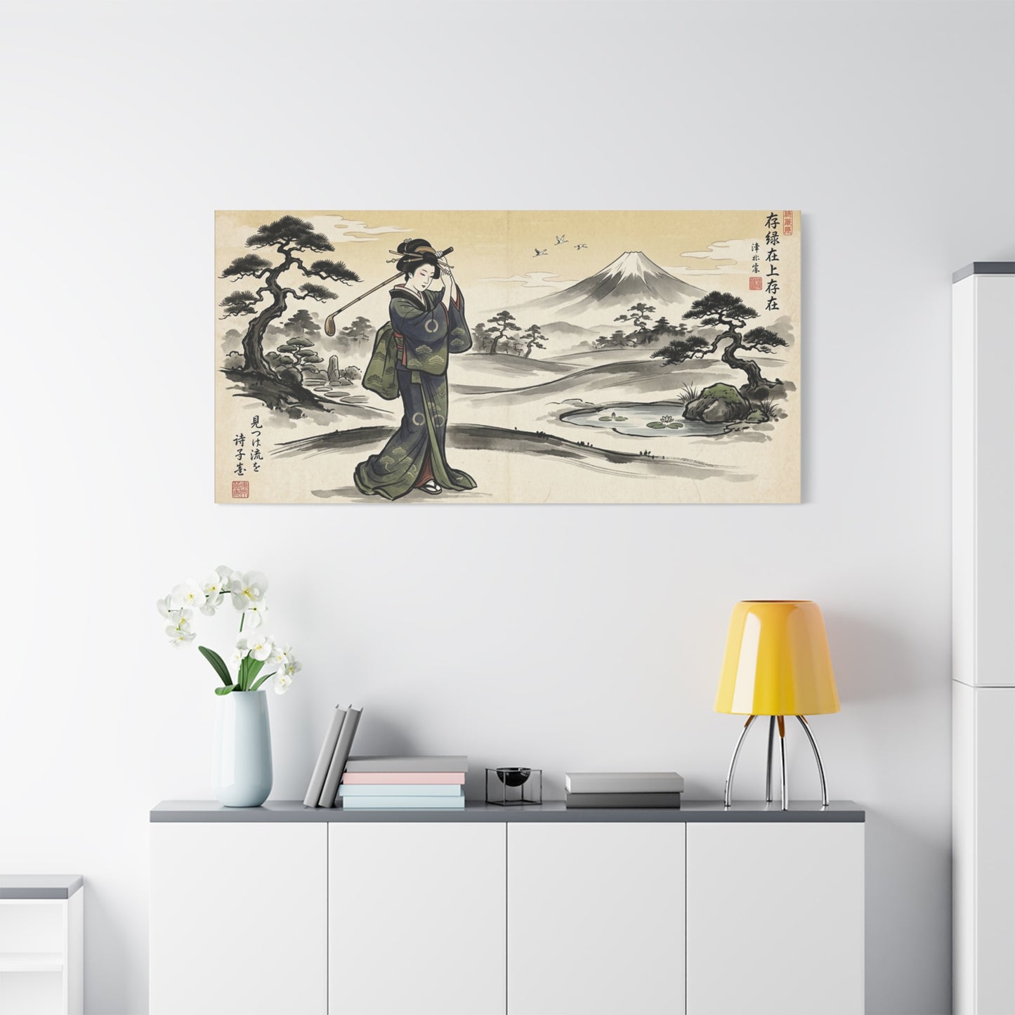 Vintage Japanese Geisha Landscape Canvas Wall Art — Matte Stretched Print