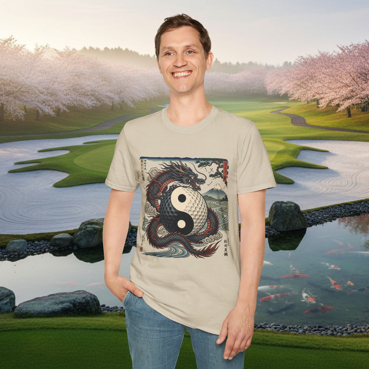 Yin Yang Dragon Golf T‑Shirt — Japanese Wave & Mt. Fuji Graphic Tee