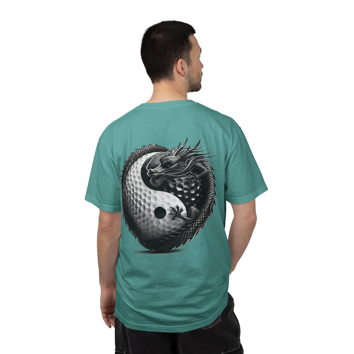 Enso Circle Chest Design Dragon Yin-Yang Golf Ball Back Graphic T-Shirt